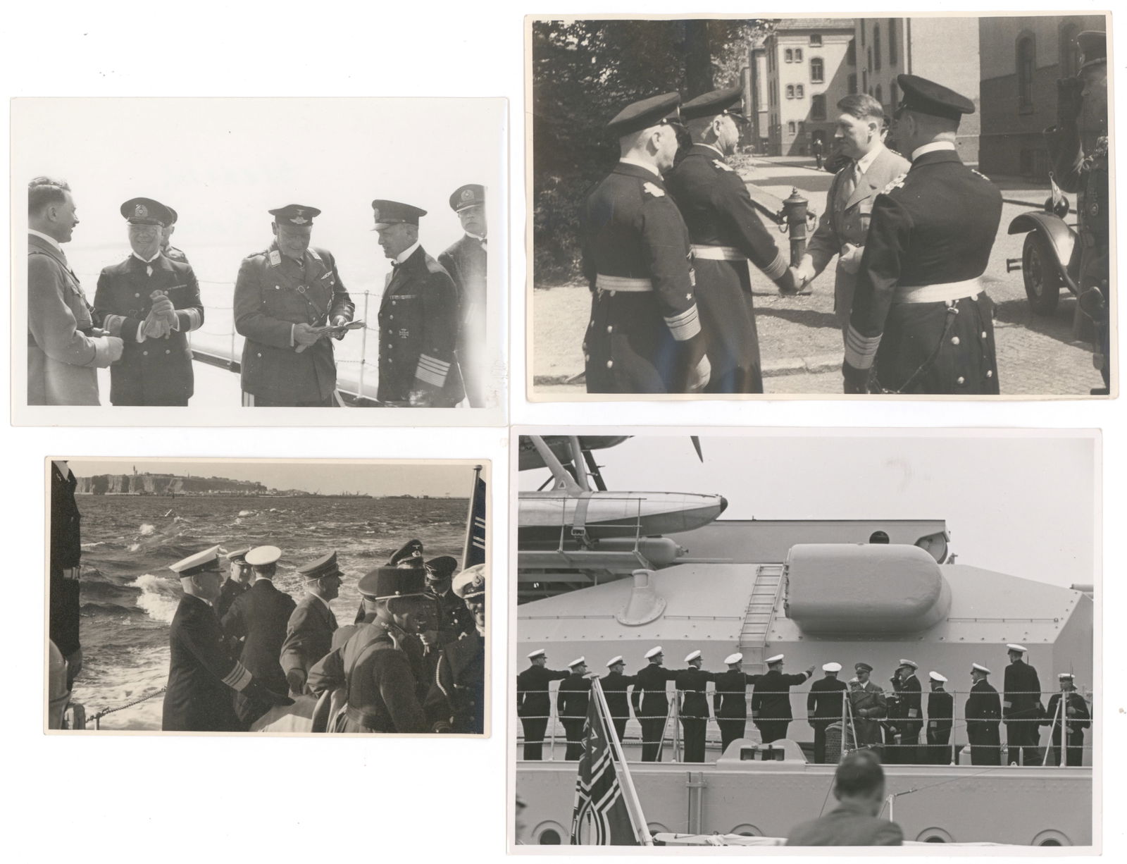 ADOLF HITLER GOES TO SEA (12): Good lot of nine original press and personal candid photographs of Adolf Hitler, all but one taken while he was visiting sailing vessels or warships at sea. The photos, varying sizes but averaging abo