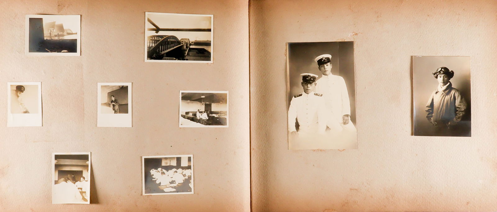 JAPANESE NAVAL AIR FORCE TRAINEE'S PHOTOGRAPH ALBUM: Photograph album assembled by an I.J.N. air force trainee, 14 x 10.5 in. overall, containing within approx. 123 original mounted photographs of various sizes. Topics include photographs of the cadet