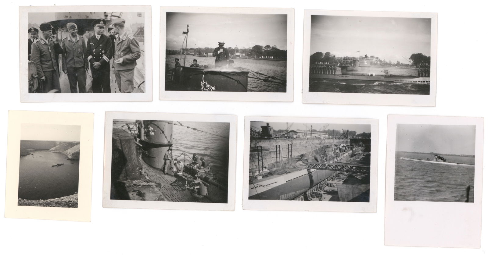 GUNTHER PRIEN AND U-47 ORIGNAL PHOTOGRAPHS (7): A fine group of seven original candid snapshots, most 3.5 x 2.5 in. b/w with one slightly smaller, showing German U-boat commander and Knight’s Cross recipient GUNTHER PRIEN (1908-1941) and his