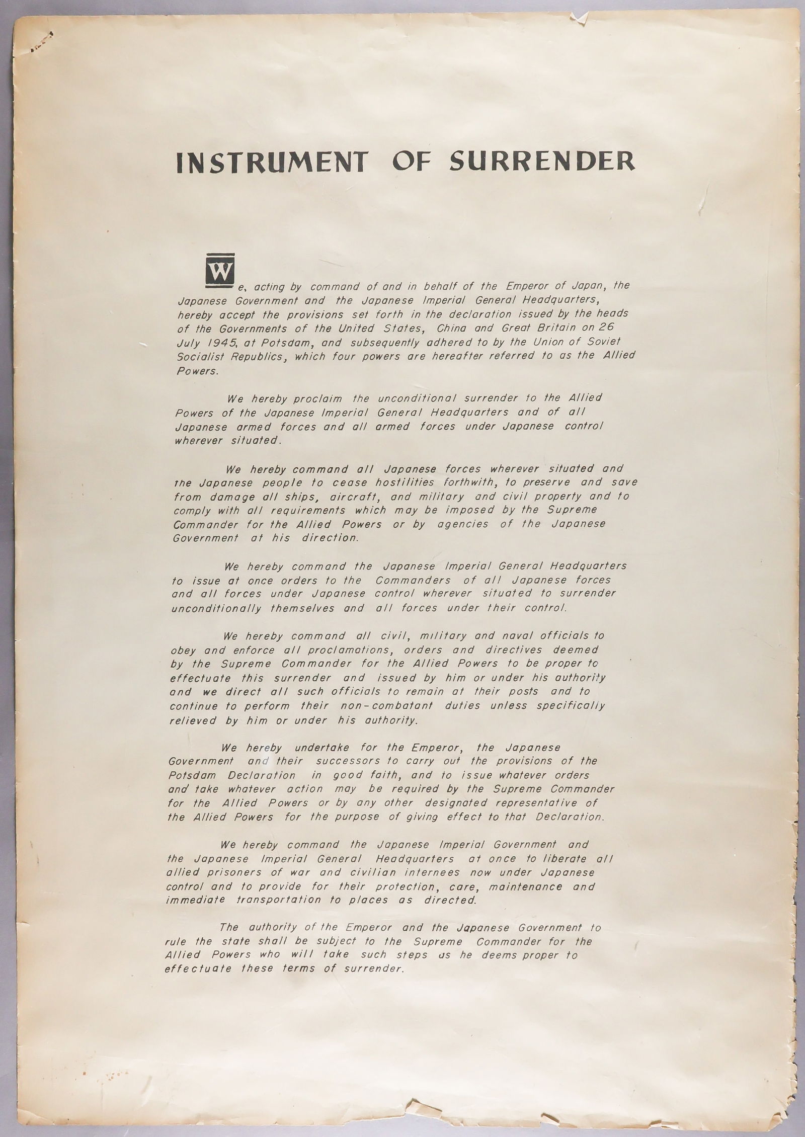 JAPANESE INSTRUMENT OF SURRENDER: A very rare official facsimile print copy of the 'Japanese Instrument of Surrender', 9pp. 14 in. x 20 in., with a one-star U.S. federal eagle watermark, as produced by the staff at MacArthur's post-wa