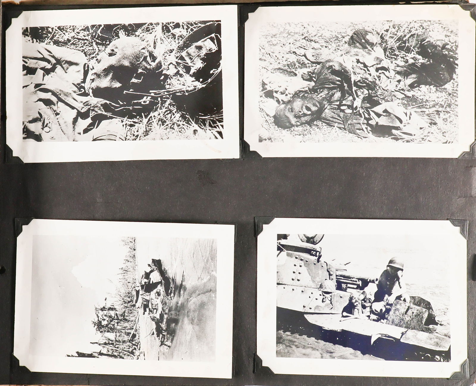 NEW GUINEA COMBAT PHOTOGRAPH ALBUM: Period photograph album containing forty-three 5.5 x 4 in. b/w photographs of various scenes from New Guinea, all taken by combat photographers, along with seven photographs of the GI who owned the