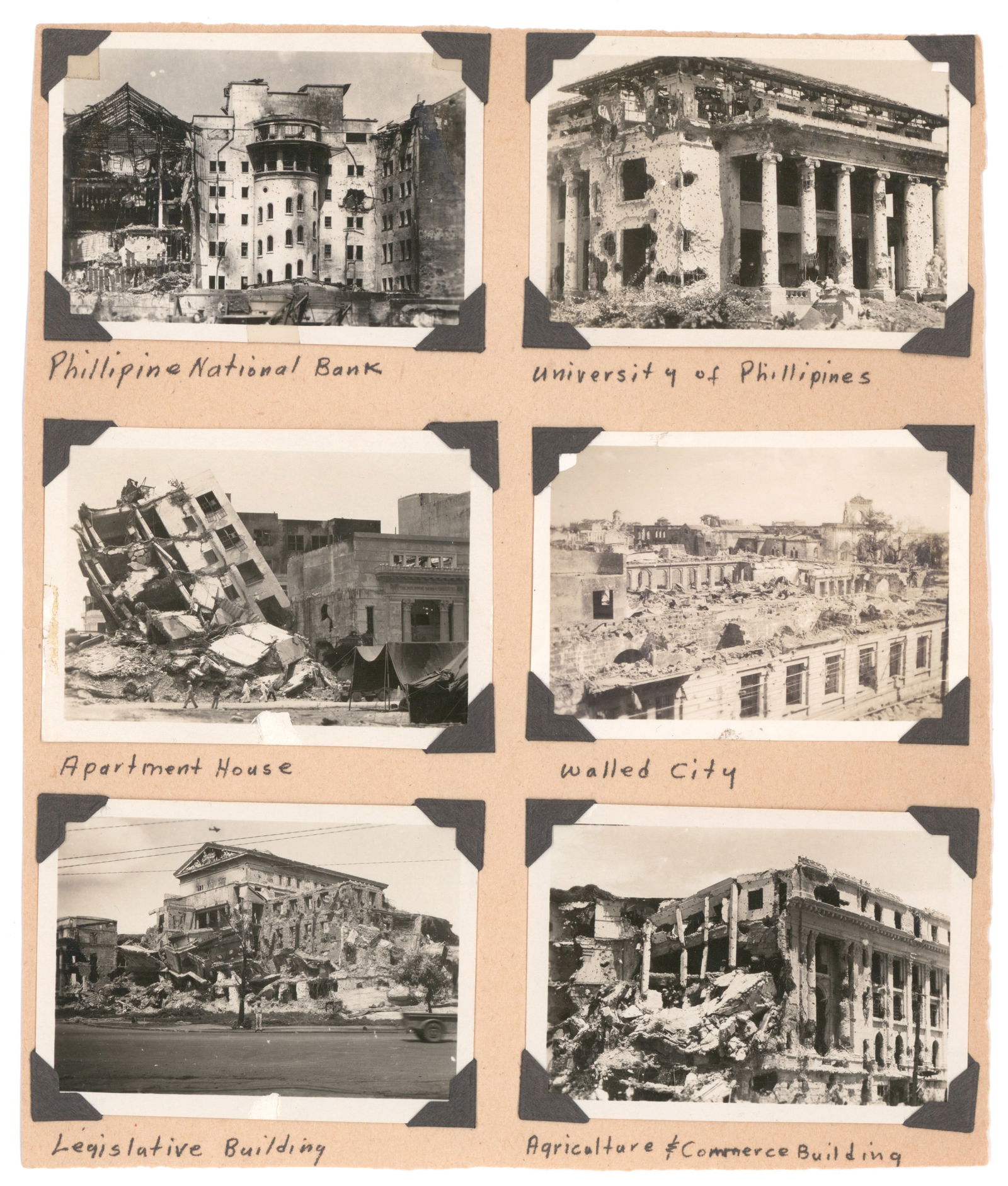 DESTRUCTION OF MANILA DURING THE 1945 PHILIPPINES CAMPAIGN: A group of 23 photos, 3.5 x 2.5 in. sepia, depicting the aftermath of the destruction of Manila during the Philippines campaign, Nov. 1945. Photos are fitted into tabs with the names of the bombed