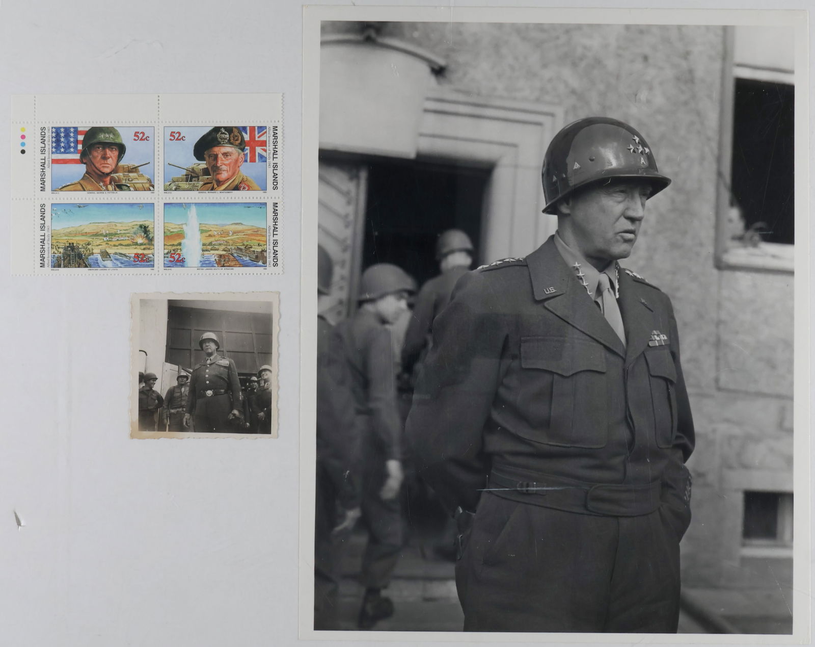 (GEORGE S. PATTON, JR.): A group of three pieces of unsigned ephemera, includes: a small candid photograph of Patton with other soldiers, measures 2.25 in. square with deckled edges; an 8 x 10 in. b/w Signal Corps photo dated
