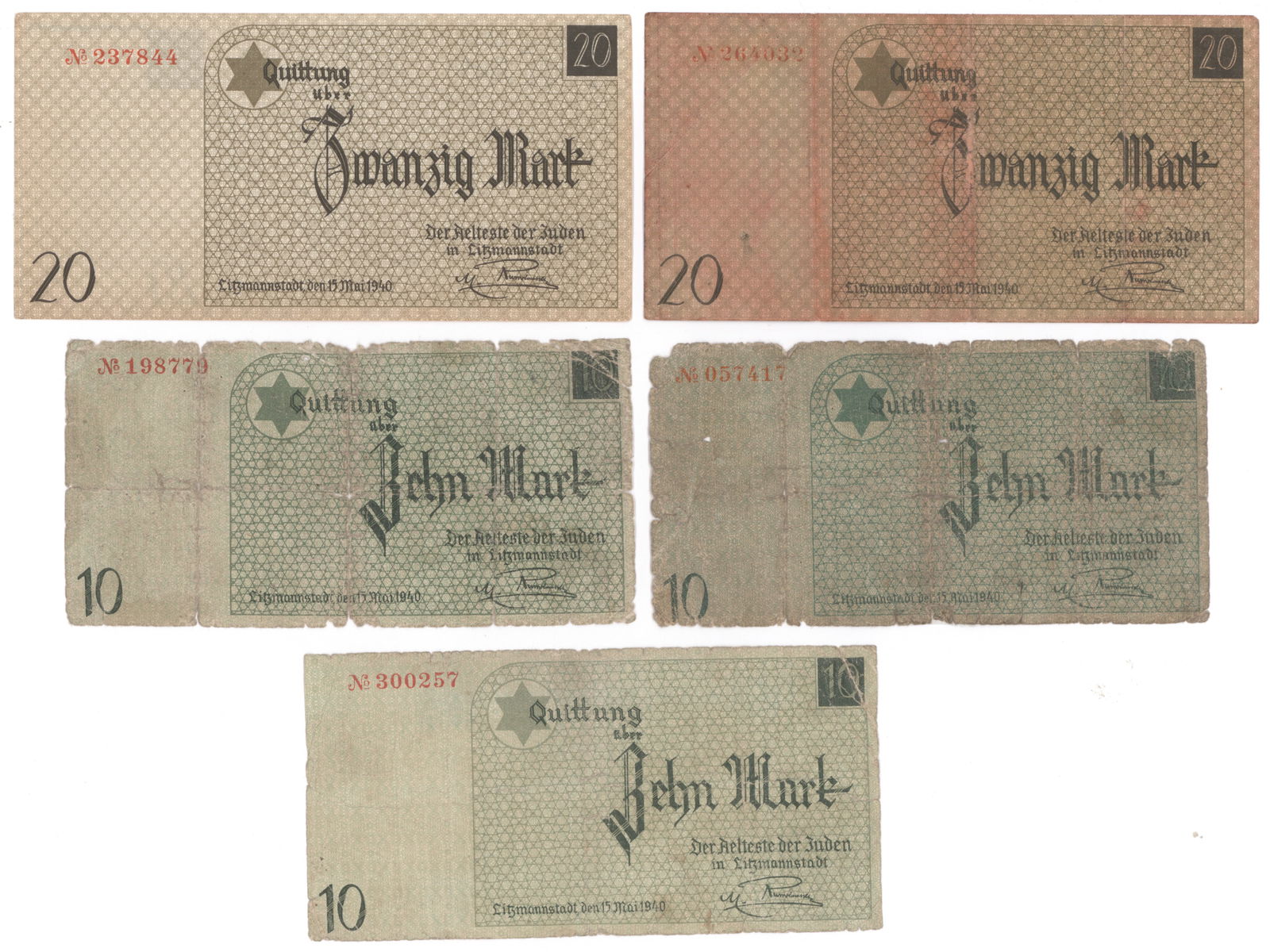 LITZMANNSTADT CAMP CURRENCY (8): A scarce set of eight Litzmannstadt Ghetto currency notes in various denominations, five of which were clearly circulated within the camp and showing obvious signs of heavy wear, staining, folds,