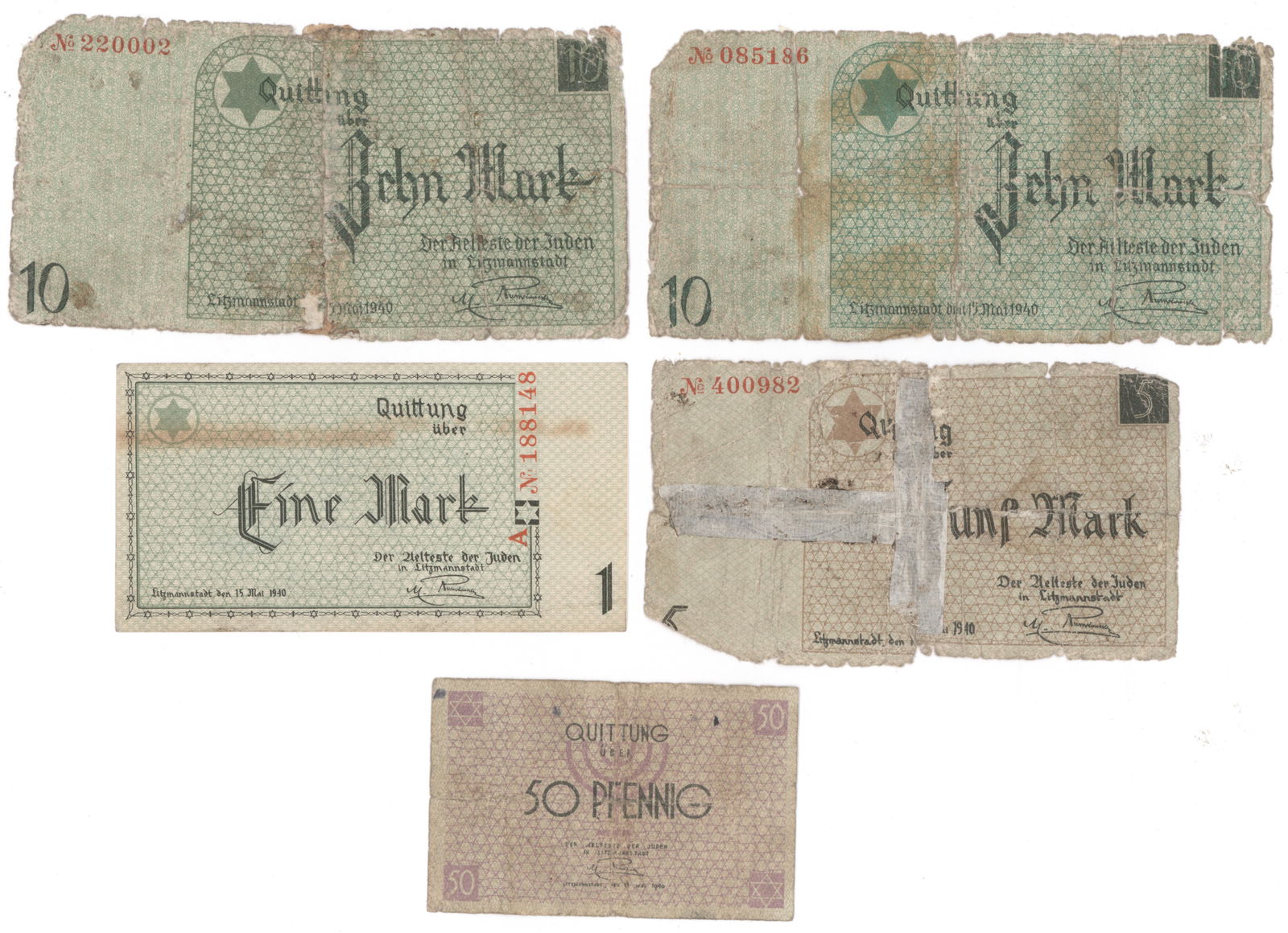 LITZMANNSTADT GHETTO CURRENCY AND MAYOR'S LETTER (6): Good lot of six items, includes a rare set of five Litzmannstadt Ghetto currency notes in various denominations, all of which were clearly circulated within the camp and showing obvious signs of