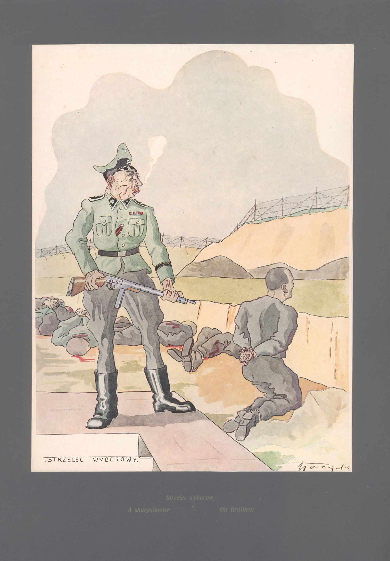 HITLERIADA MACABRA SATIRICAL PRINTS BY STANISLAW TOEGEL (8): Good lot of eight satirical prints, taken from the set entitled ‘Hitleriada Macabra’, by artist Stanislaw Toegel [Celle: Antoni Markiewicz], 1946, each image 9.5 x 12 .75 in. and affixed