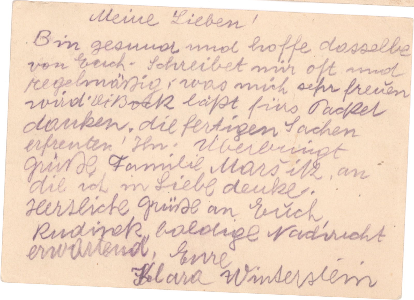 LETTERS FROM A JEWISH WOMAN MURDERED AT AUSCHWITZ (3): Lot of three postcard written by Klara Winterstein (1885-1943), a Polish Jew from Uhersky Brod with a husband and daughter, held first at Theresienstadt before being shipped to Auschwitz to be murdere