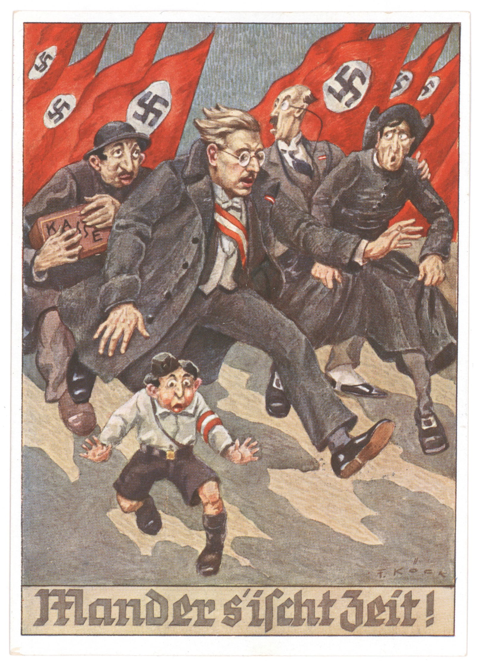 'MEN, IT'S TIME!': Rare German postcard: 'Men, It's Time!', 4 x 6 in., shows caricatures of Jews, priests, and businessmen fleeing before a mass of advancing German NSDAP flags. The verso bears an Austrian postage