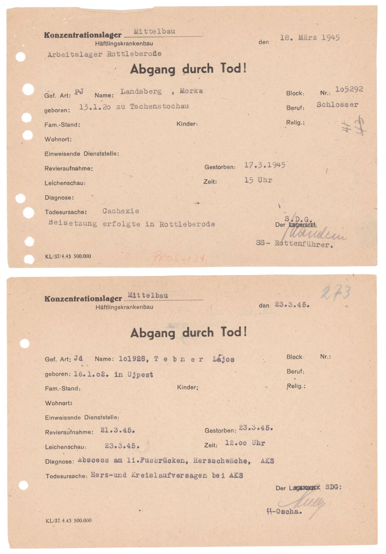 MITTELBAU CONCENTRATION CAMP DEATH RECORDS (2) (1 of 2)