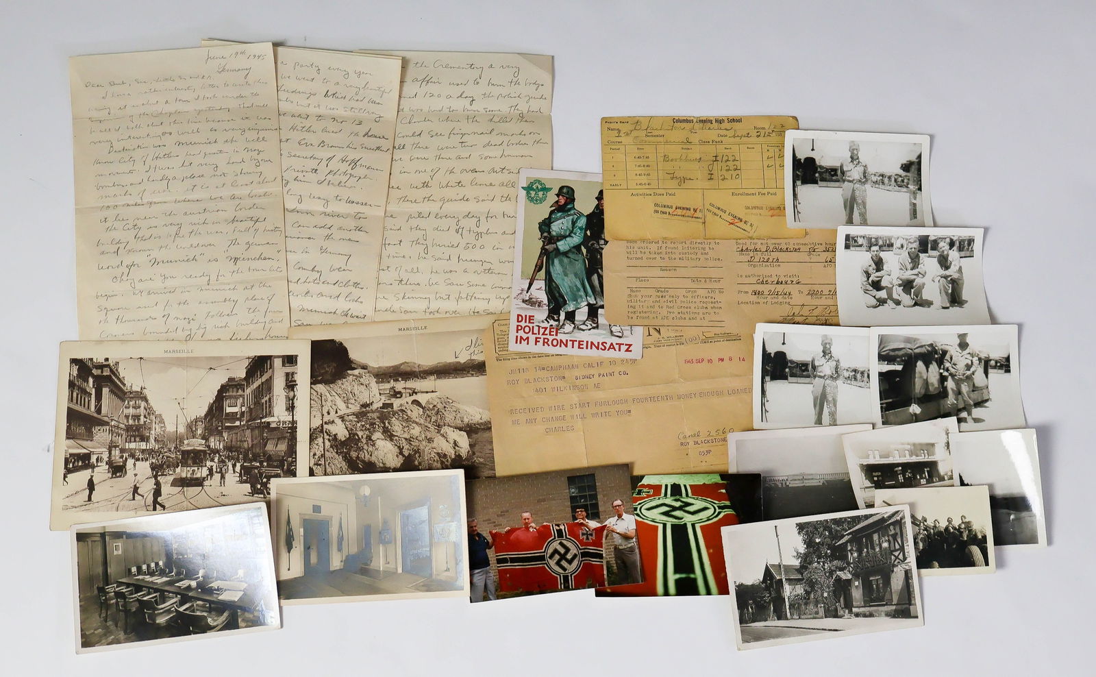 G.I. VISITS DACHAU LETTER AND RELATED EPHEMERA: An archive of material collected by Charles D. Blackston, a Battery Airman serving in France and Germany from June 1944-May 1945 as part of the medical detachment unit of the 120th Anti-Aircraft