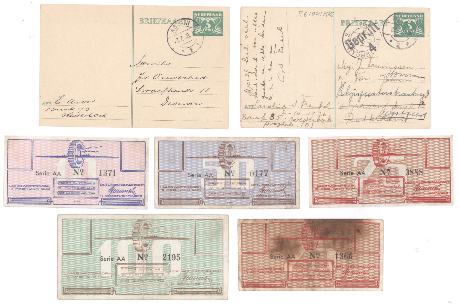 WESTERBORK CONCENTRATION CAMP GROUPING (7): Good lot of seven pieces associated with the infamous Dutch transit camp Westerbork, used as a staging location for sending Jews, Sinti and Roma before transfer to concentration camps elsewhere,