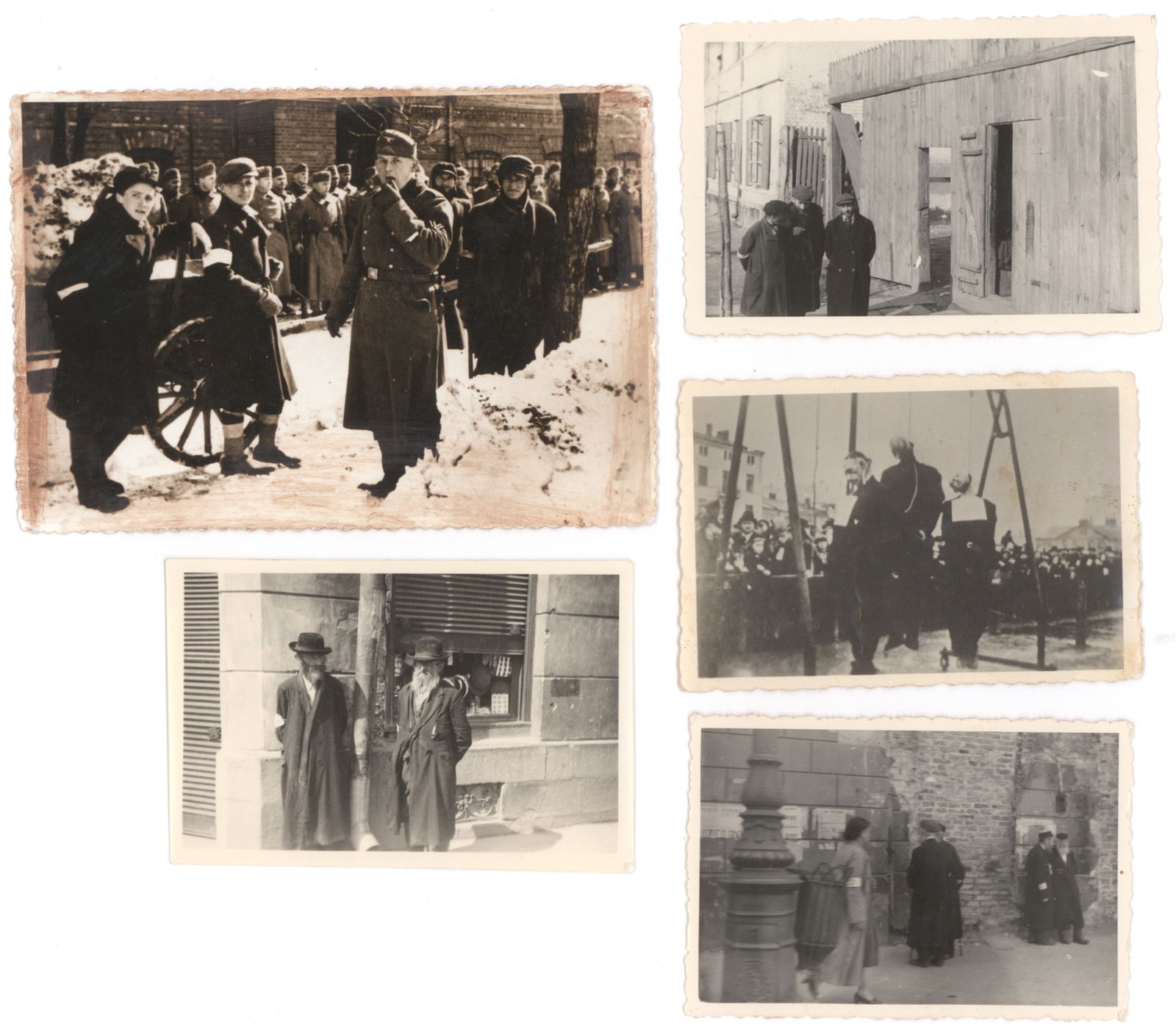 JEWS IN THE GHETTO (5): Lot of four original photographs, all about 2.5 x 3.5 in., three showing adult men in various settings and wearing armbands, one showing a public hanging of what appear to be two or three Jews, all