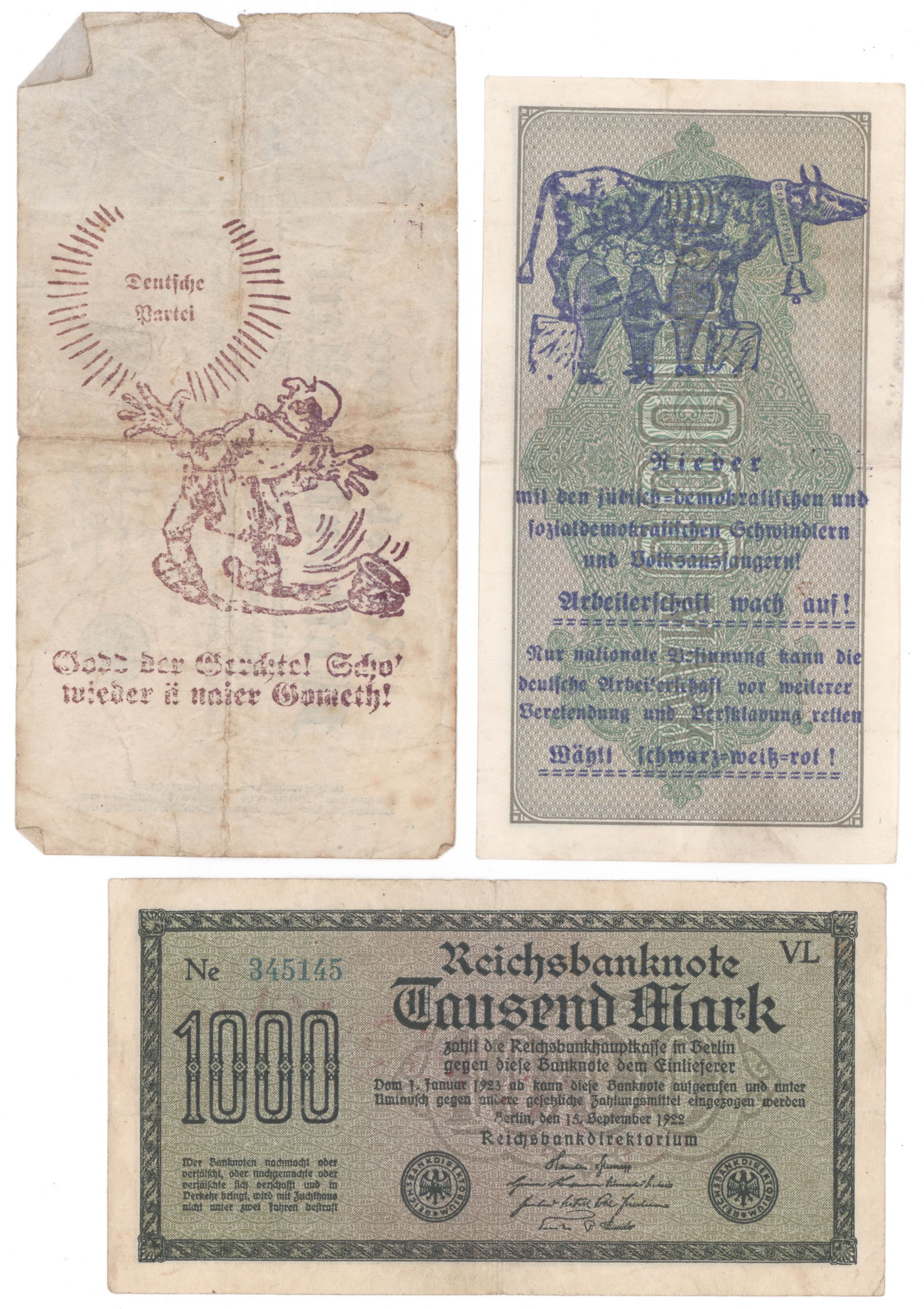 ANTI-JEWISH GERMAN BANKNOTES (3): Lot of three rare German anti-Jewish banknotes, likely issued by the NSDAP in its earliest years. All are legitimate German inflation banknotes to which were stamped the offensive content. One note