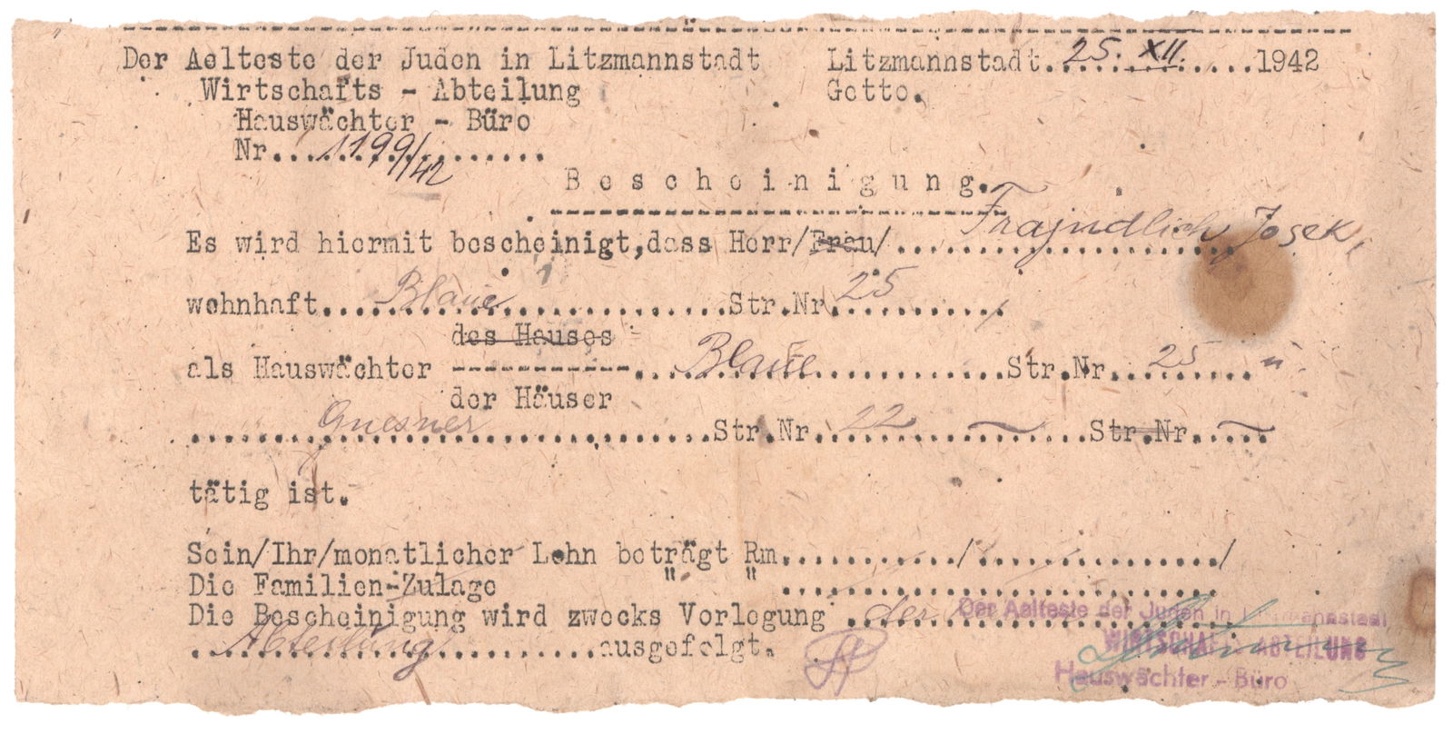 LITZMANNSTADT WORKER'S PASS: Uncommon partly-printed D.S., 1p. 12mo., Litzmannstadt Ghetto,Dec. 25, 1942, issued by the Jewish Elders of Litzmannstadt and given unto one 'Frajundlich Joseki'. The woman, who is physically