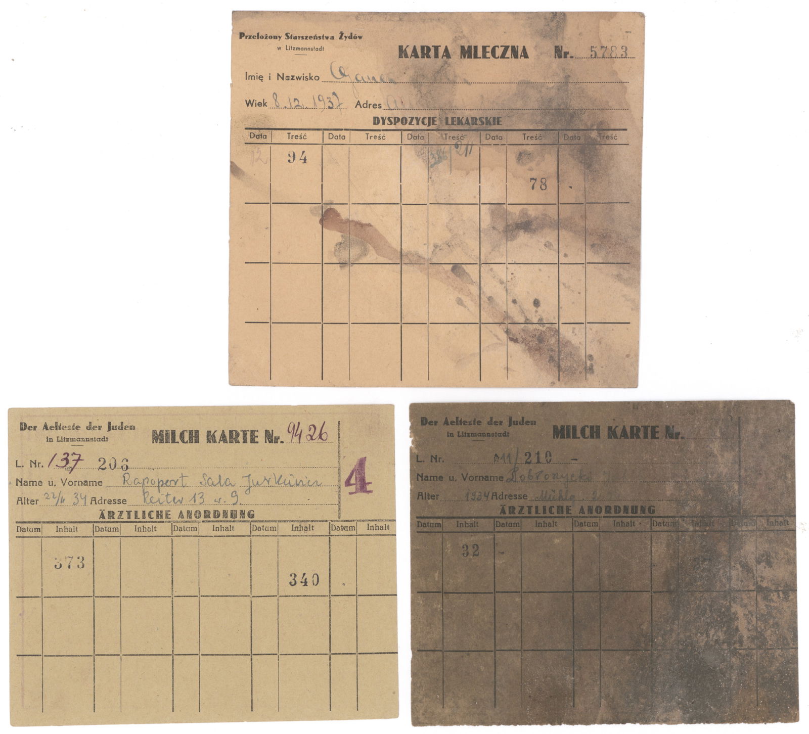 LITZMANNSTADT GHETTO MILK COUPONS (2): A group of three printed ration cards for milk, 5.5 x 4.5 to 6 in. x 5.5 in. Quite worn and toned, as expected. Three pieces.