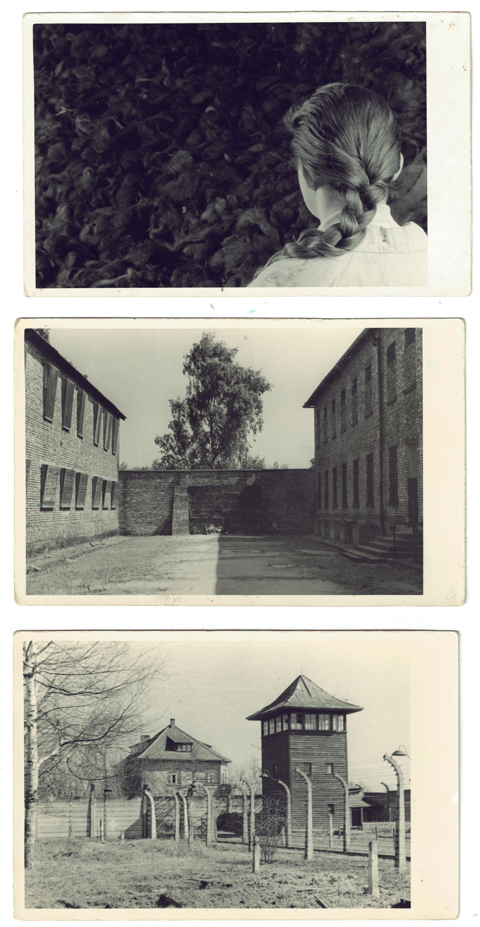EARLY AUSCHWITZ MUSEUM POSTCARD SET (5): Early set of postcards issued by the Panstwowe Muzeum Auschwitz, ca. 1957, some of the earliest views including watch towers, execution grounds, a torture device of some sort, and a view from behind