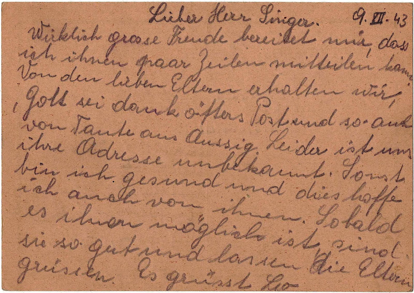 THERESIENSTADT GHETTO LETTER TO JEWISH PRISONER AT OSLAWAN WORK CAMP (1 of 2)