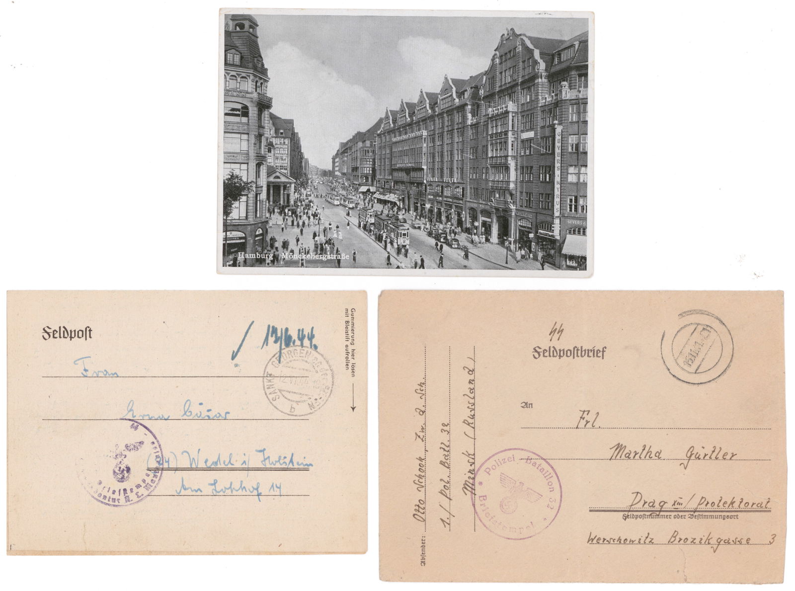SS CAMP GUARDS AND POLIZEI CORRESPONDENCE (3): Lot of three postal history pieces, includes a postcard sent by a guard at Neuengamme with handstamp; a lengthy untranslated letter sent by a Mauthausen guard or staff member to a family member, June