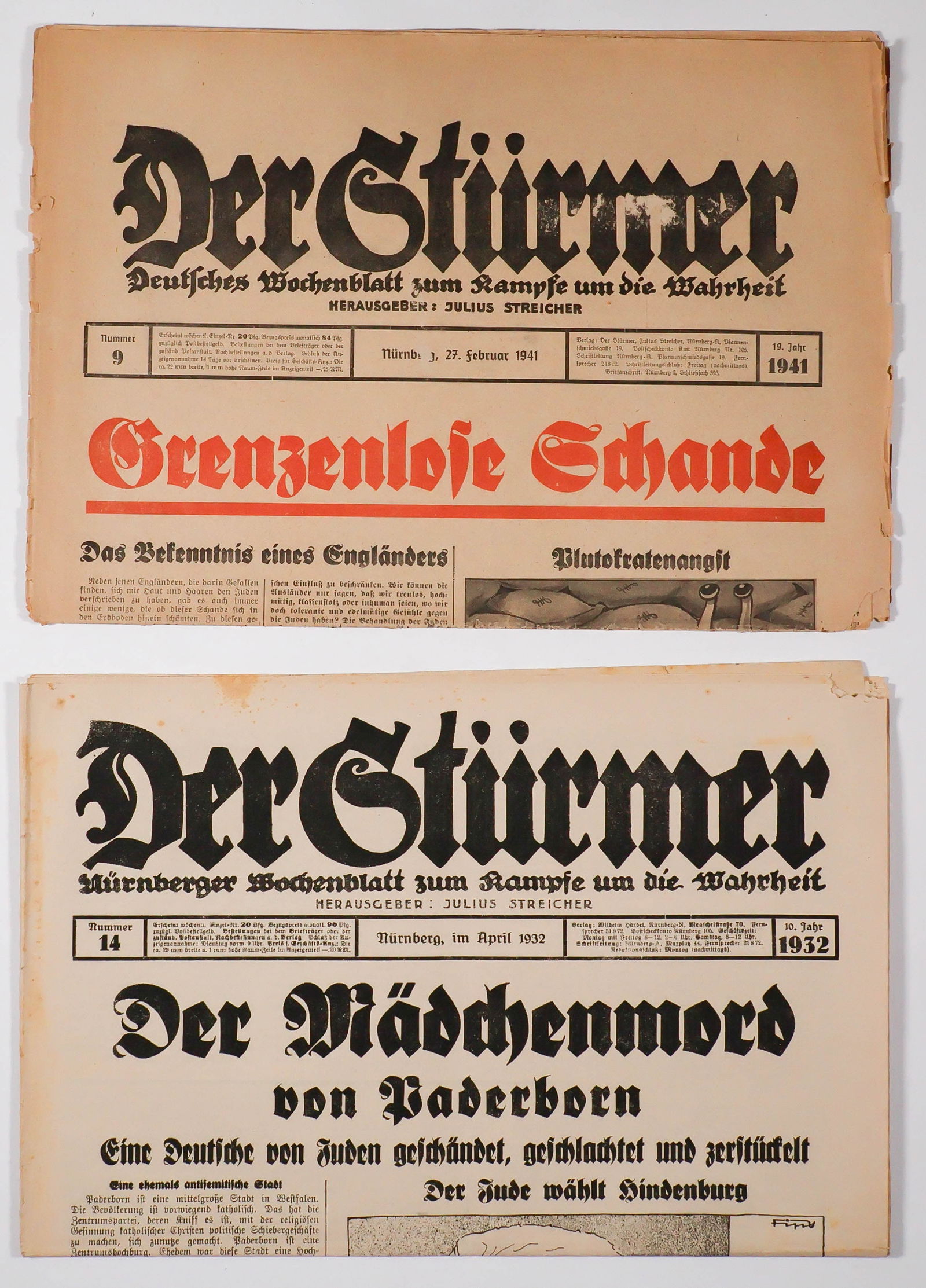 ‘DER STURMER’ (2): Two issues of virulent anti-Semite Julius Streicher's newspaper Der Sturmer, April 1932 and Feb. 1941. The 1932 edition’s main article reads: ‘The murder of the girl from Padeborn. A