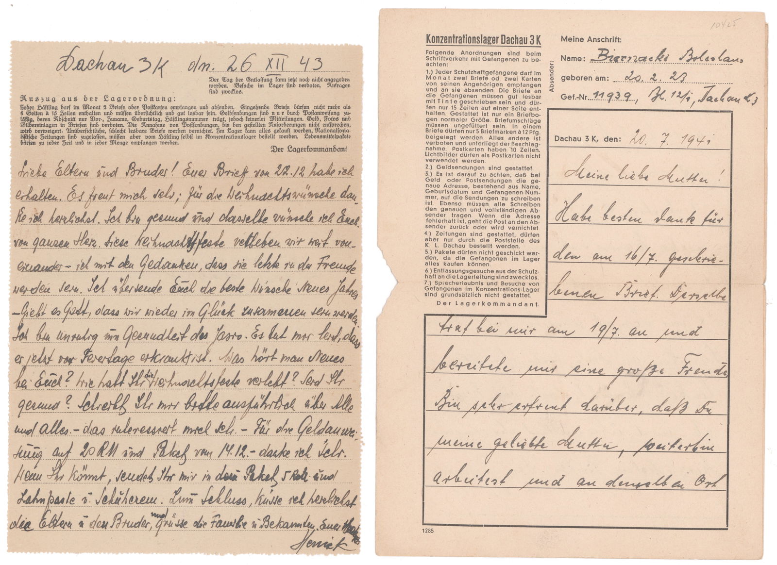 PRISONERS' LETTERS FROM DACHAU (2): Pair of letters from two different prisoner's held at Dachau concentration camp, both on official letter forms specifying rules regarding content, both written by Polish prisoners 'Boleslaw