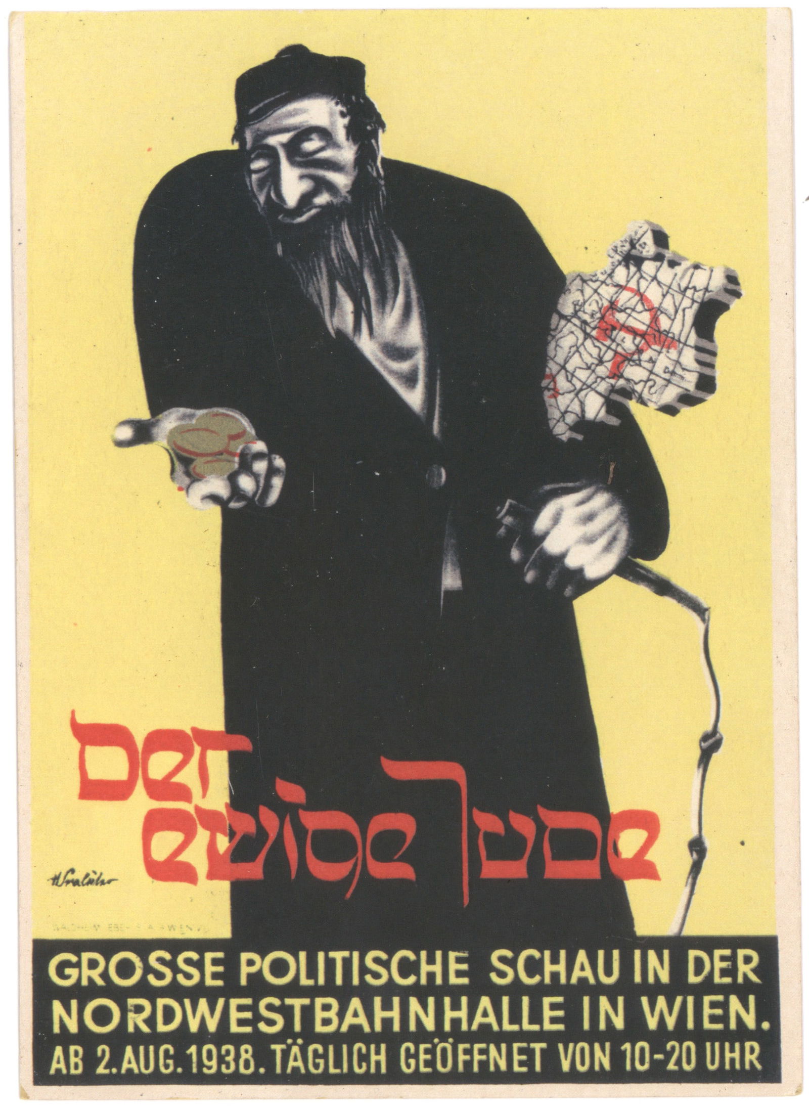 ‘DER EWIGE JUDE’ POSTCARD: Vibrant anti-Jewish postcard from the infamous Nazi exhibition ‘The Eternal Jew' by Joseph Goebbels, 4 x 6 in., displayed at the German Museum in Munich from 1937-38. The front depicts a