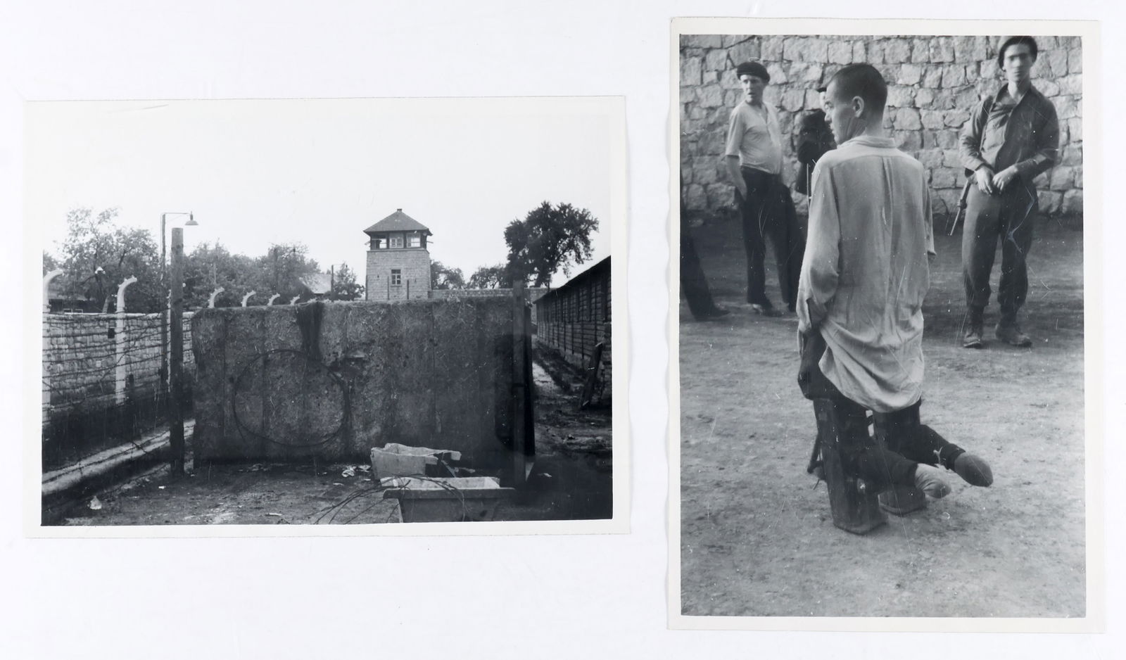 MAUTHAUSEN CONCENTRATION CAMP PHOTOGRAPHS: Lot of two 7 x 5 in. b/w photographs of the Mauthausen concentration camp. The images include the execution wall at the camp surrounded by barbed wire and showing two carts that were used to carry