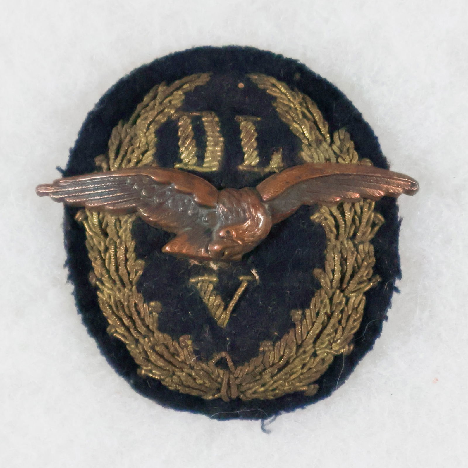 D.L.V. OFFICER'S CAP INSIGNIA: DLV (Deutscher Luftsportverband/Airsport Association) officer’s visor cap insignia, bears a finely detailed die-stamped metal eagle pinned to an embroidered oval bullion wreath, with the letters