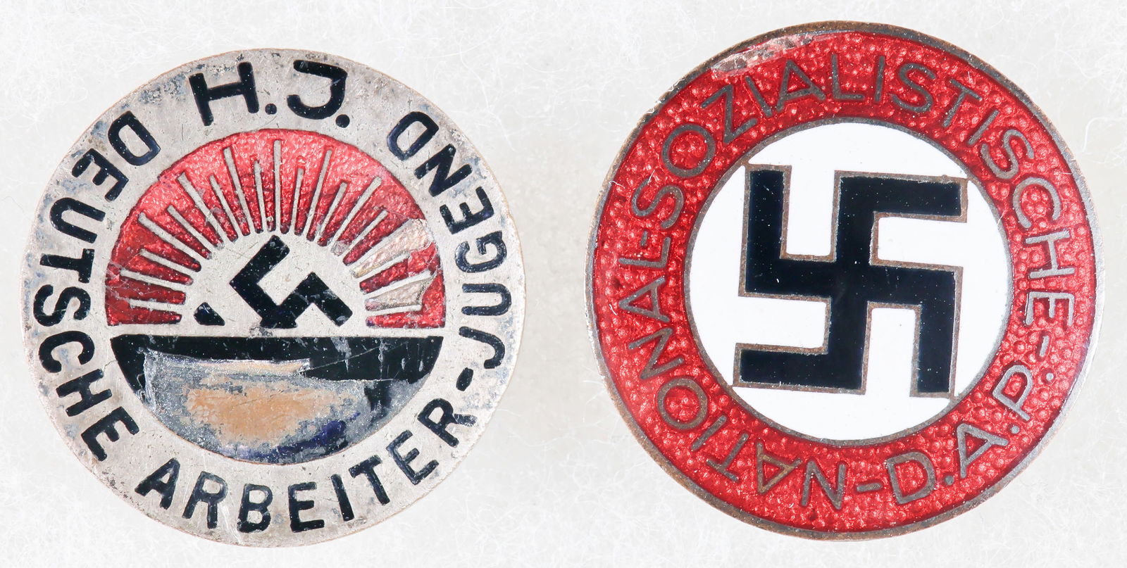 NSDAP BUTTONHOLE PIN: NSDAP enameled buttonhole party pin by RZM M1/72, Fritz Zimmermann of Stuttgart. Enamel undamaged, overall very good to fine. SOLD WITH: a German Worker Youth pin, bent with badly damaged black enamel