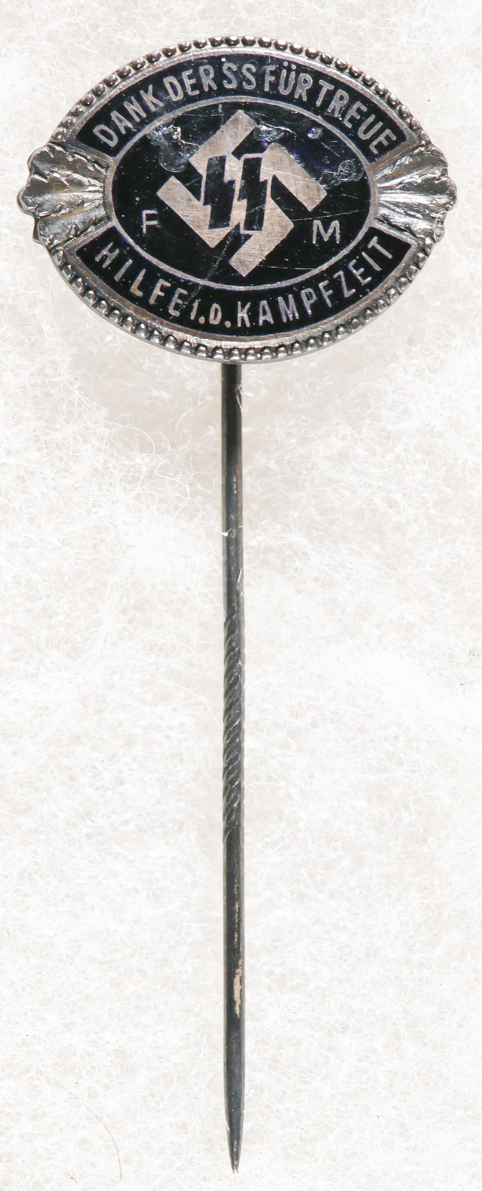 SILVER SS-FM HONOR STICKPIN: Silver SS-FM Honor Stickpin, 2.25 in. long with knurled shaft, marked 'DuSM' in a triangle, 'Ges. Gesch' and 'Silber 935', with the award number '45561'. Enamel a bit uneven and abraded, else very