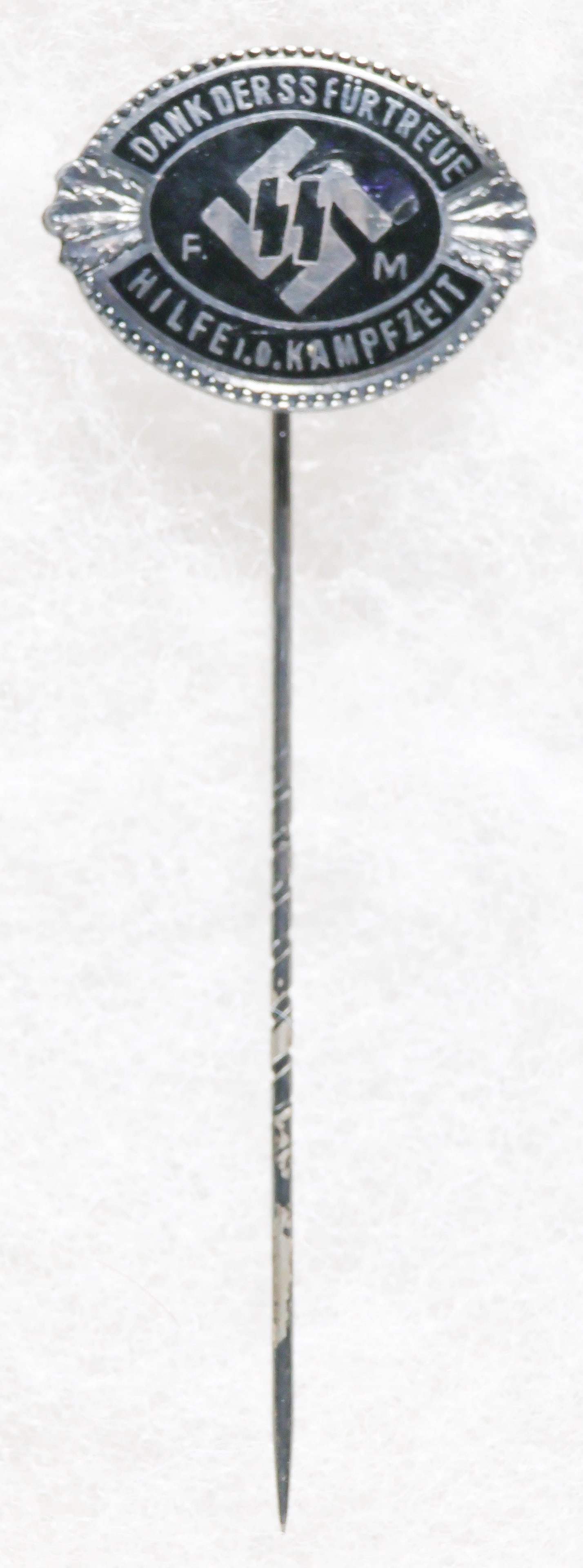SILVER SS-FM HONOR STICKPIN: Silver SS-FM Honor Stickpin, 2.25 in. long with knurled shaft, marked 'DuSM' in a triangle, 'Ges. Gesch' and 'Silber 935', with the award number '45562'. Fine condition.