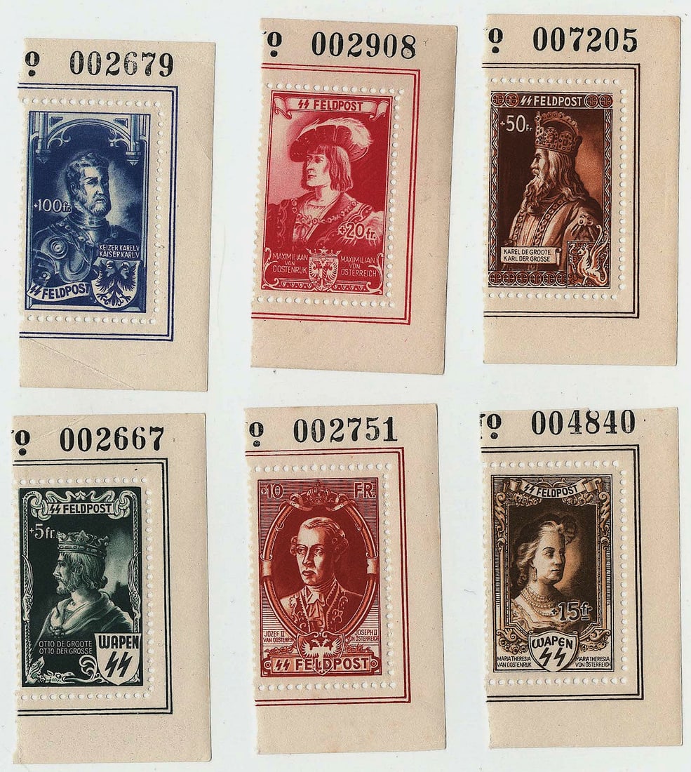 WAFFEN-SS FREIWILLIGEN LEGION POSTAGE STAMPS (6): Rare Waffen-SS Freiwilligen-Legion ‘Flandern’ stamps, one from each of the six issues with gutter with plate number, one gutter creased, all unused with gum intact. These stamps created