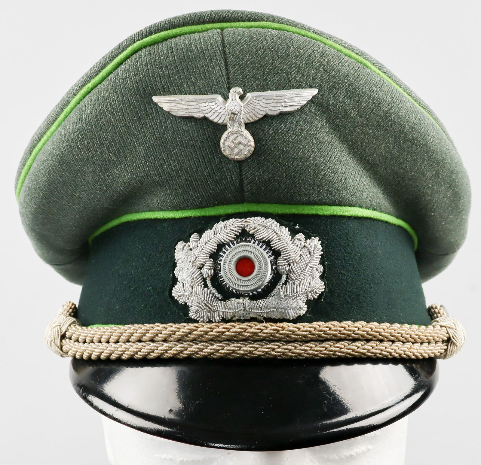 PANZER GRENADIER OFFICER'S VISOR CAP: Quality Panzer Grenadier Officer's Visor Cap. The cap has a 'feldgrau' body with forest green sideband, piped in light green at top and on either side of the sideband indicating the wearer's