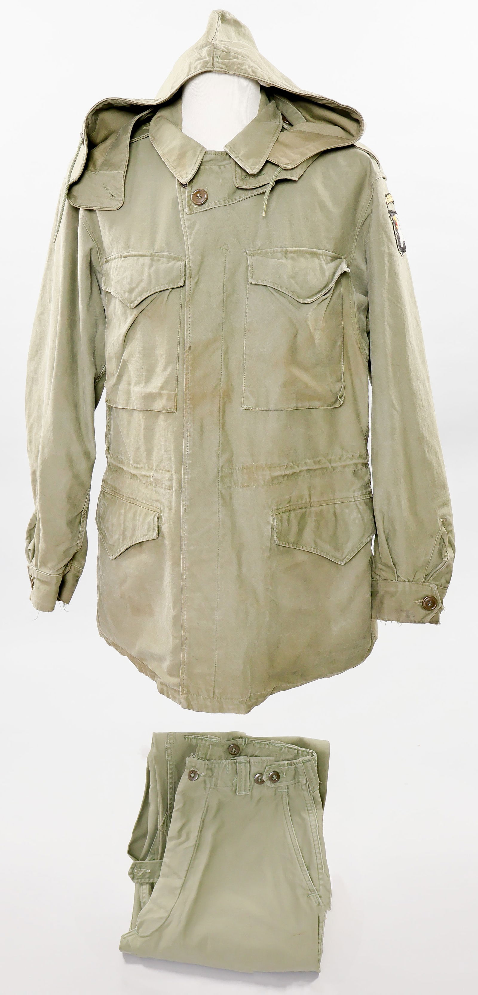 ('BAND OF BROTHERS' 506TH P.I.R.) LT. ROBERT E. HALEY'S M-1943 FIELD JACKET, HOOD, AND PANTS (5): ROBERT E. HALEY (1919-2004) American military officer in the 101st Airborne Division, a well-rounded student and athlete from Connecticut who served first with the 541st P.I.R., then more famously as
