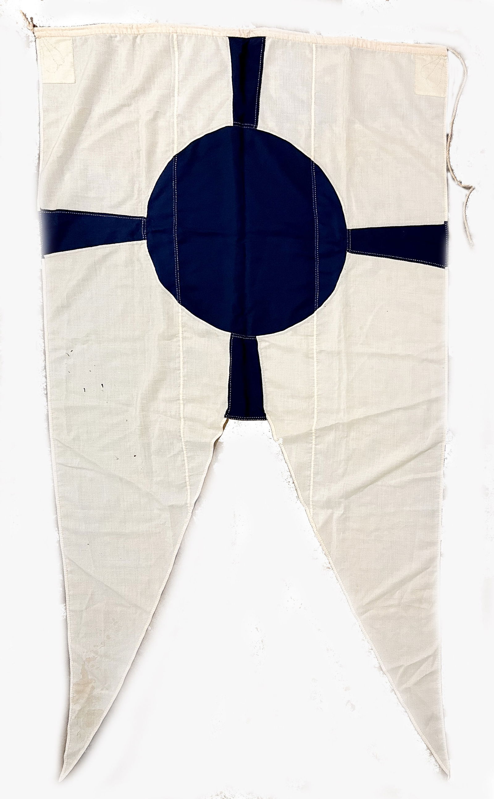IMPERIAL JAPANESE NAVY NAVIGATION CONTROL COMMANDER’S PENNANT: A rare Imperial Japanese Navy flag, 98 x 52 in., a Navigational Control Commander’s pennant, flown from the lead ship in a given formation. The flag is multi-part, cotton bunting construction,
