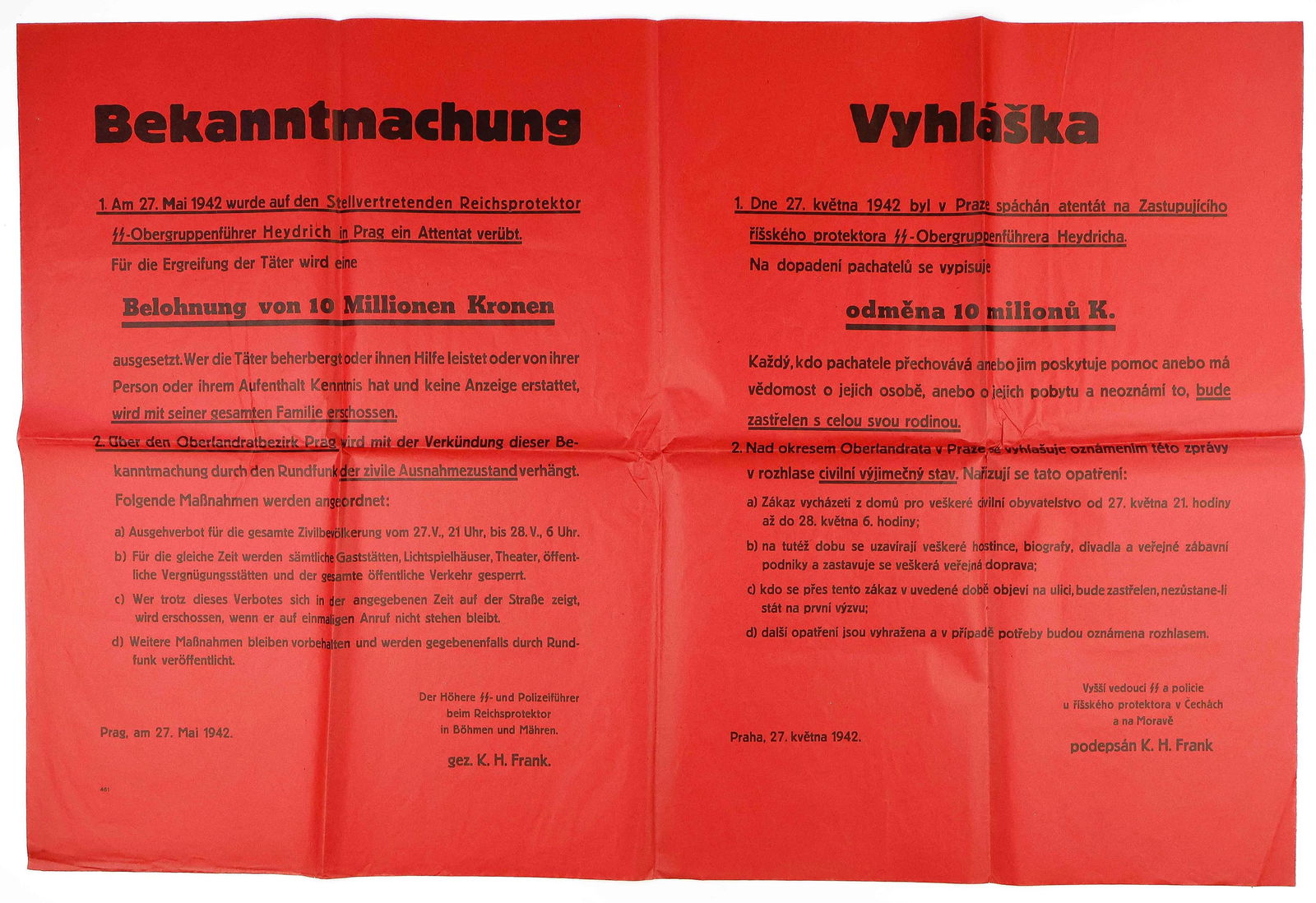 REINHARD HEYDRICH ASSASSINATION WANTED POSTER, ISSUED HOURS AFTER THE ATTEMPT ON HIS LIFE: Rare original reward poster, 18 x 12.5 in., issued the same day that Reich Protector of Bohemia and Moravia REINHARD HEYDRICH (1904-1942) was mortally wounded by a bomb thrown at his car, offering a