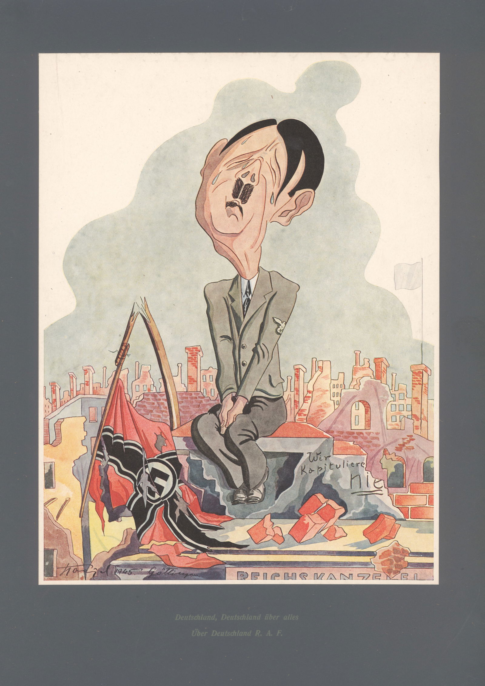 HITLERIADA FURIOSA SATIRICAL PRINTS BY STANISLAW TOEGEL (10): Good lot of eight satirical prints, taken from the set entitled ‘Hitleriada Furiosa’, by artist Stanislaw Toegel [Celle: Antoni Markiewicz], 1946, each image 9.5 x 12.75 in. and affixed