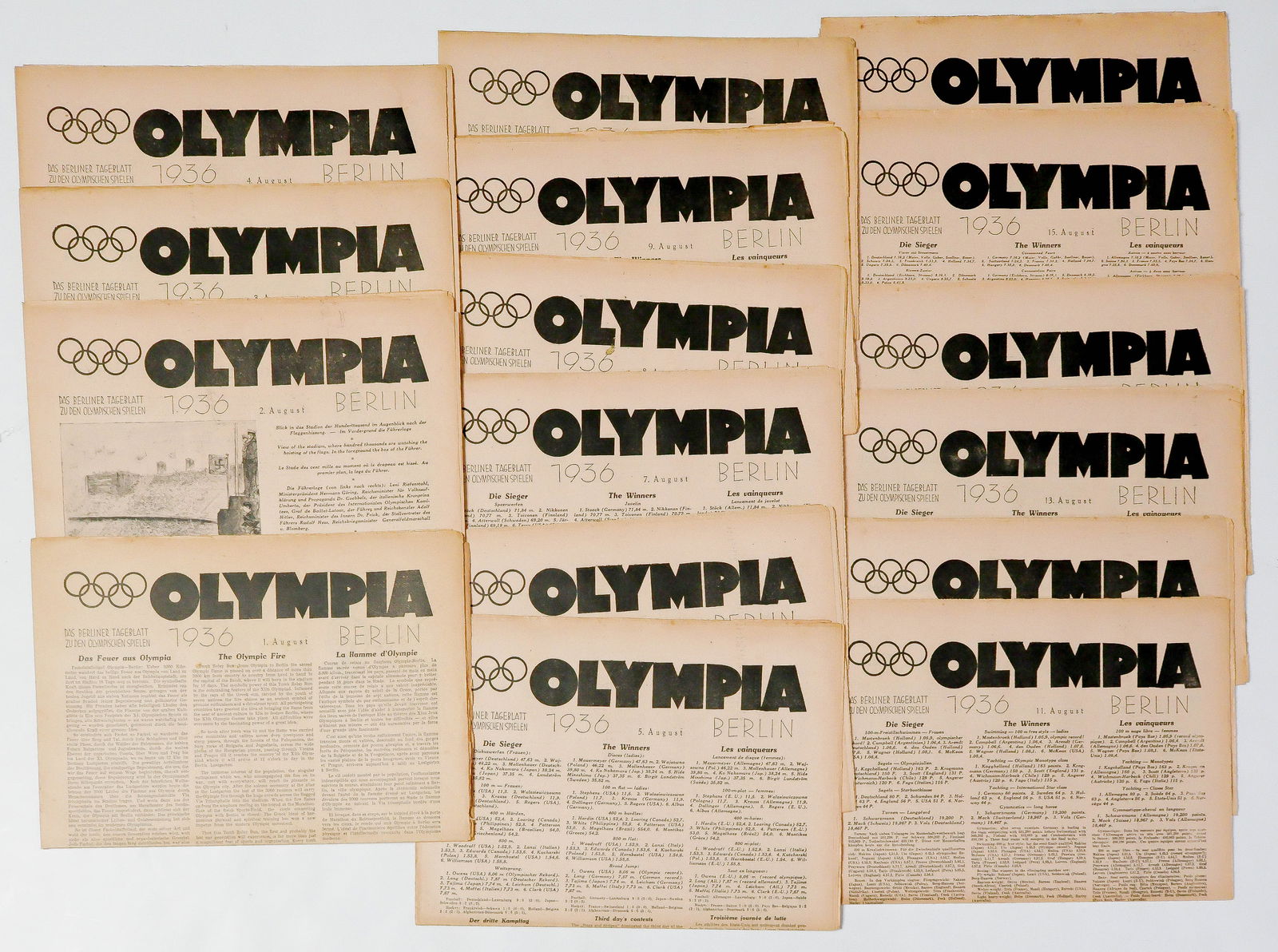 COMPLETE RUN OF 'OLYMPIA 1936' NEWSPAPERS (16): Complete run of 16 copies of 'Olympia 1936', which touted itself as 'The Berliner Daily on the Olympic Games', Berlin, Aug. 1-16, 1936. Each edition is about 12pp. folio, with photographs and