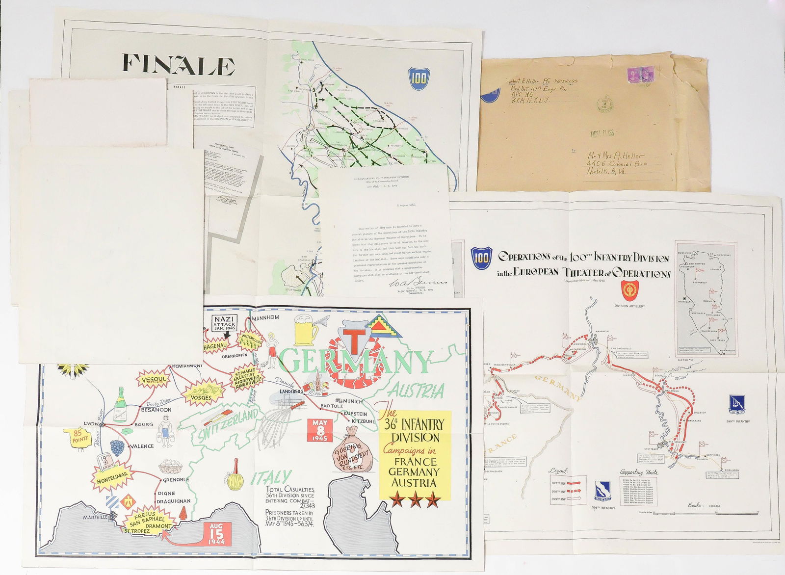 100TH INFANTRY DIVISION OPERATIONS MAPS (7): A group of group of seven maps, 26 in. x 22 in. and 26 in. x 17 in., showing: ‘The Battle of Bitche’, ‘Operation of the 100th Infantry Division in the European Theatre of Operations&