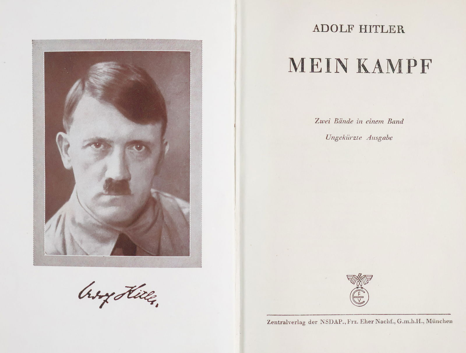'WEDDING EDITION' OF 'MEIN KAMPF': Wedding edition' of Adolf Hitler's political manifesto 'Mein Kampf' (Munich: Franz Eher Nacht), 1942, 782pp. 8vo. with Hitler's frontis portrait, in one-quarter leather with gilt title on spine. The