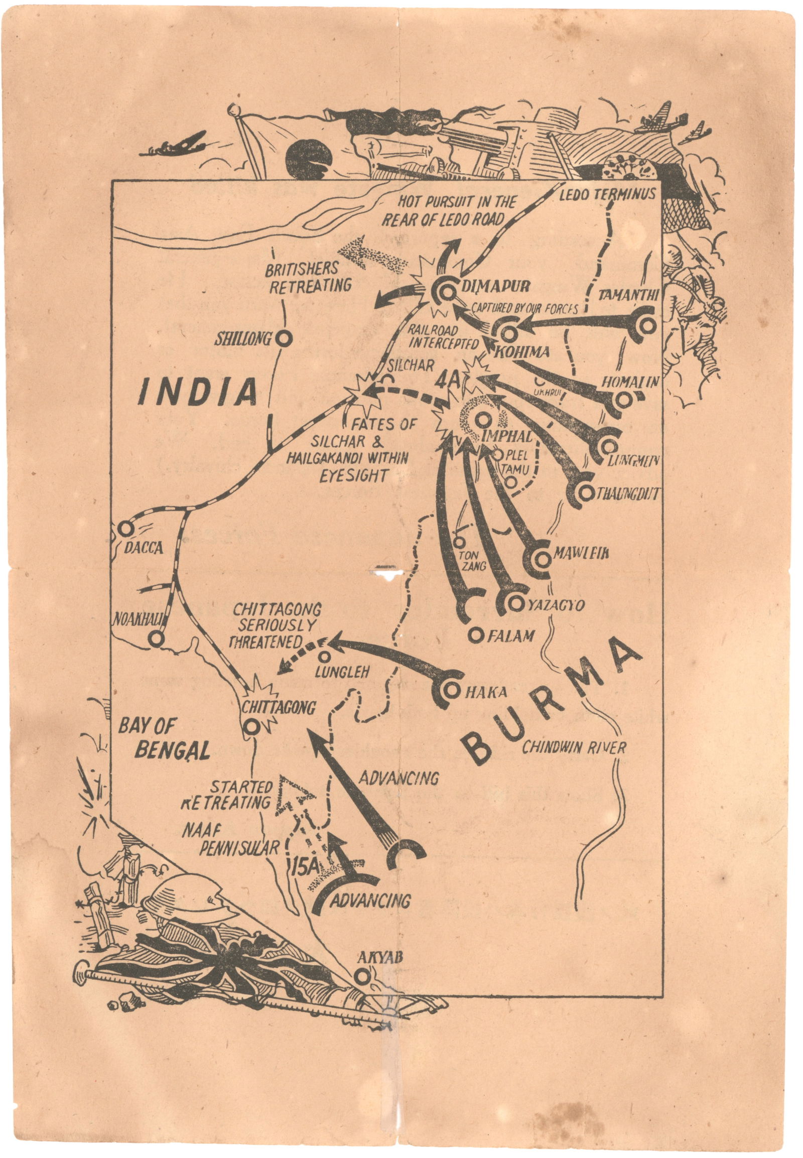 JAPANESE URGE BRITISH SURRENDER IN BURMA: Scarce piece of Japanese propaganda, 2pp.8vo., in English and air-dropped upon British soldier desperately fighting in Burma, ca. early April,1944. One side of the flyer shows Japanese forces