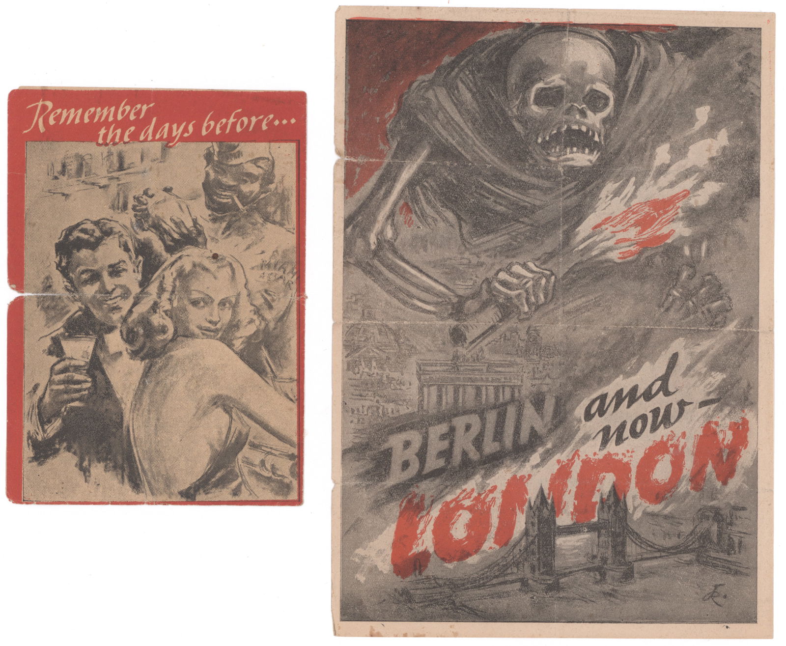 GERMAN ANTI-ALLIES PROPAGANDA (2): Two pieces of clever German anti-Allies propaganda dropped upon troops late in the war. One pice, 2pp. 8vo., make a direct reference to the V1 terror rocket. It depicts a skull-faced phantom with a