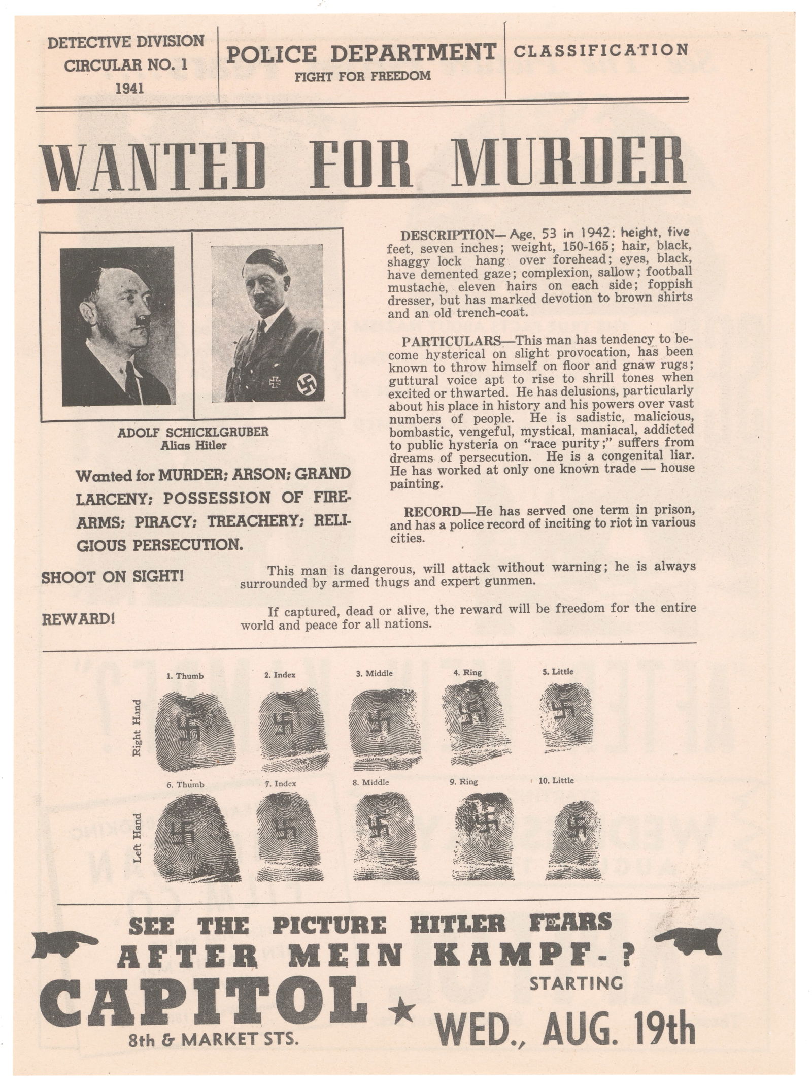 (ADOLF HITLER): ‘AFTER MEIN KAMPF’ MOVIE BROADSIDE An American broadside, legal folio, advertising ‘The Picture Hitler Fears’, which promises ‘The True Facts about Nazism…The