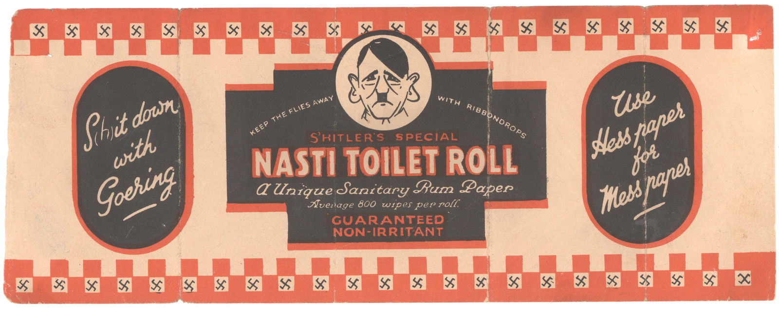 ANTI-NAZI PROPAGANDA TOILET PAPER!: A humorous piece of American World War II propaganda, an 11 x 4.25 in. sheet titled ‘NASTI TOILET ROLL’, showing a beleaguered Hitler at center, and cleverly poking fun at Goering
