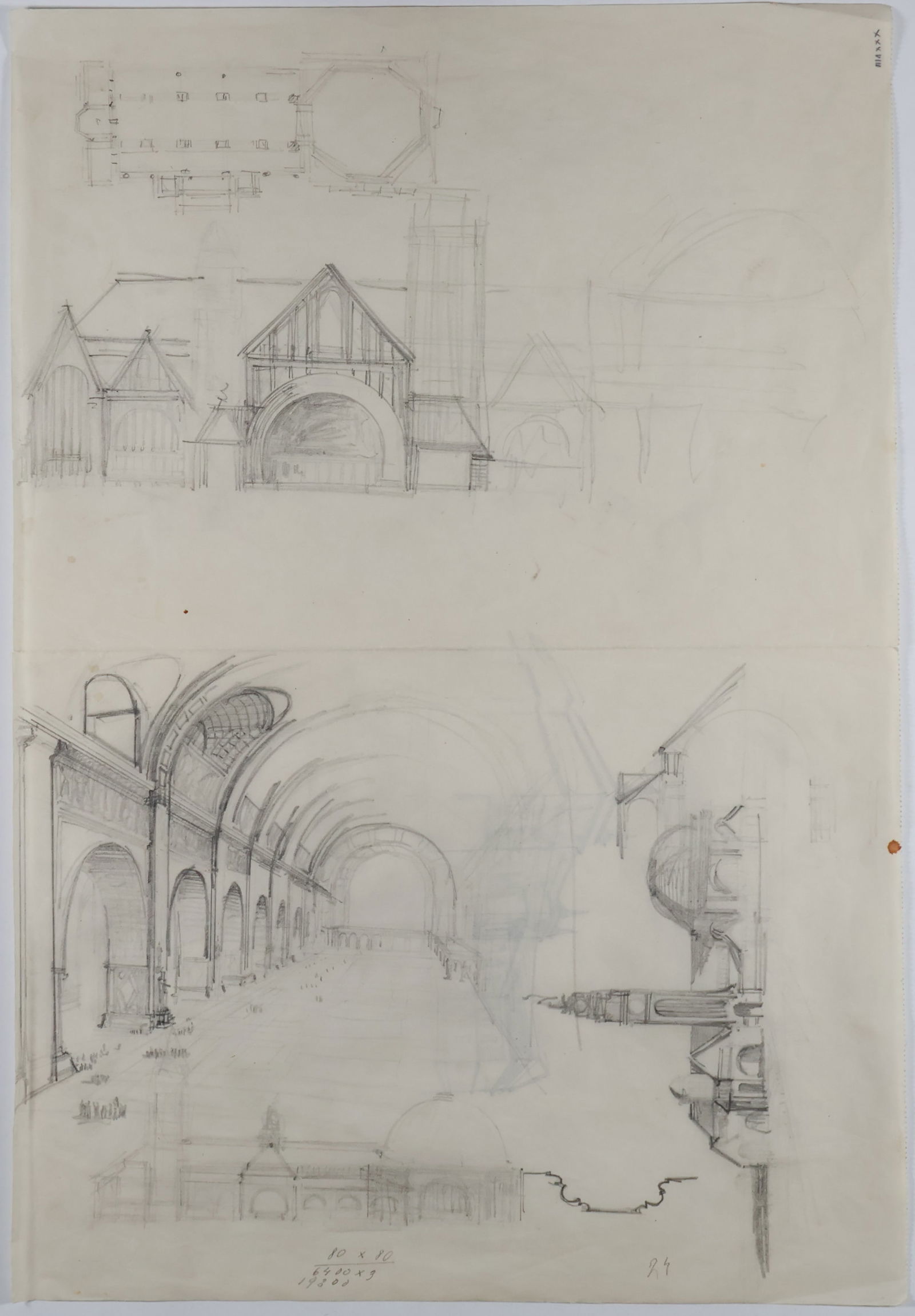 ADOLF HITLER ARCHITECTURAL SKETCH: A extraordinary Adolf Hitler piece, a set of six original pencil architectural drawings accomplished on both sides of a 12.25 x 17.75 in. sheet of drafting paper. It is page 38 (XXXVIII), the last