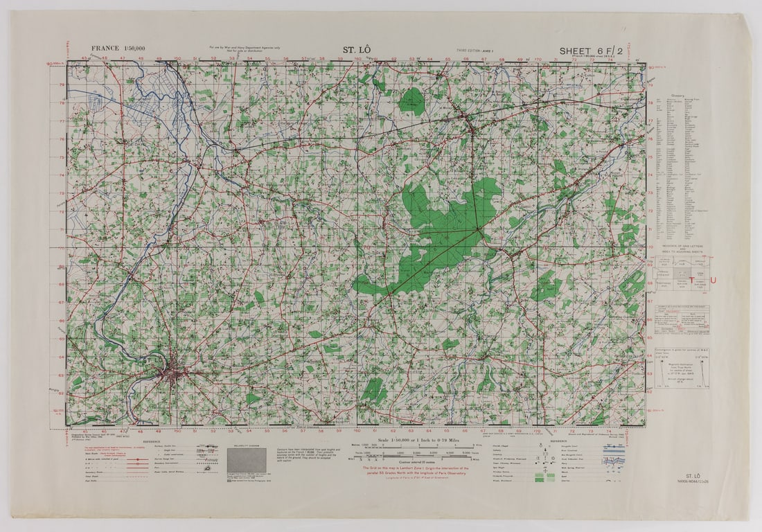 GEN. CLARENCE R. HUEBNER'S MAP OF ST. LO: FROM THE ESTATE OF GEN. CLARENCE R. HUEBNER, COMMANDER OF THE 1ST INFANTRY DIVISION IN THE FIRST WAVE AT OMAHA BEACH A most significant World War II-era map owned by one of that conflict's most
