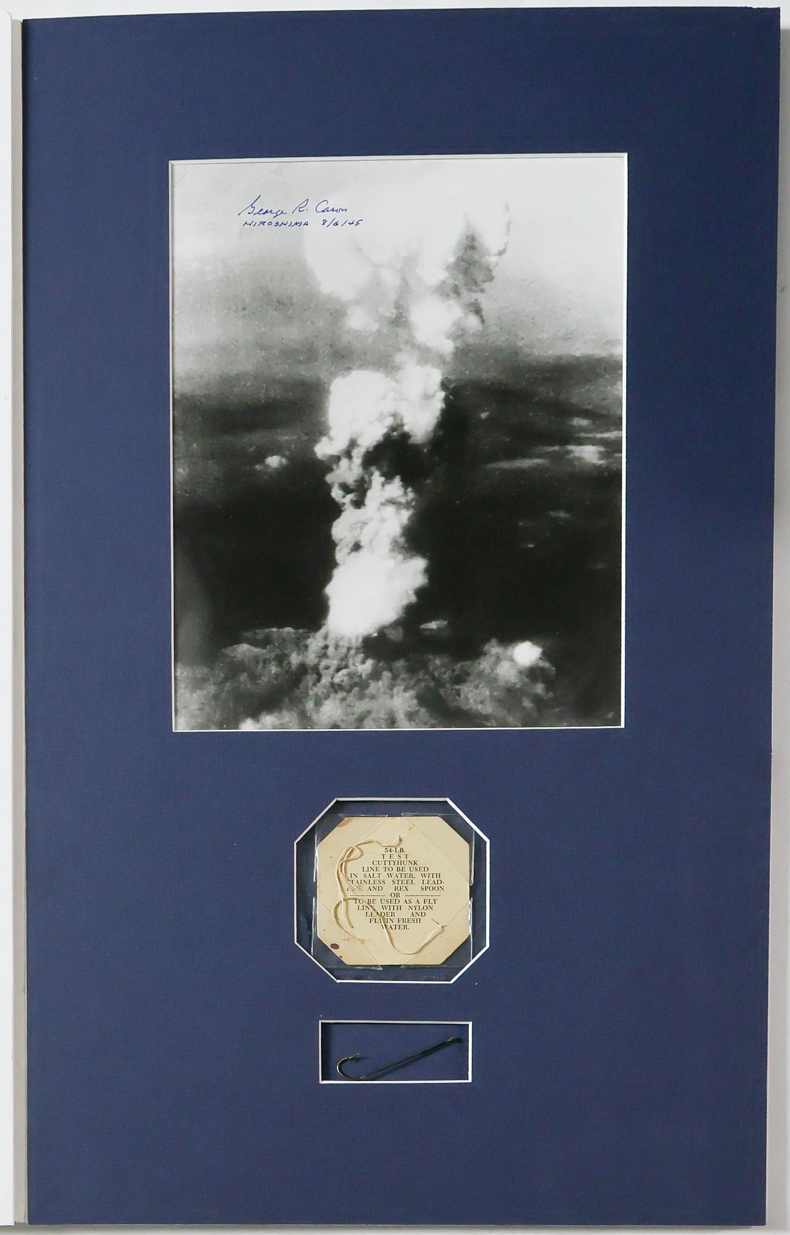 ENOLA GAY FLOWN SURVIVAL KIT RELICS: Excessively rare Enola Gay FLOWN emergency survival kit line and fishing hook, carried aboard the historic August 6, 1945 atomic bombing mission over Hiroshima. The relics include a 2.75 x 2.5 in.