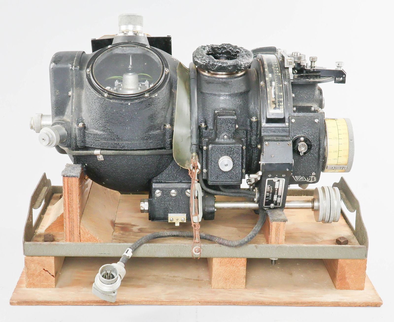 NORDEN BOMBSIGHT FOR B-17 FLYING FORTRESS: Norden Course Setting Bombsight, or 'CSBS' as used on a World War II Boeing B-17. This example with an added metal and wood transport tray is approximately 16.5 in wide x 10 in high x 9.5 in. deep, co