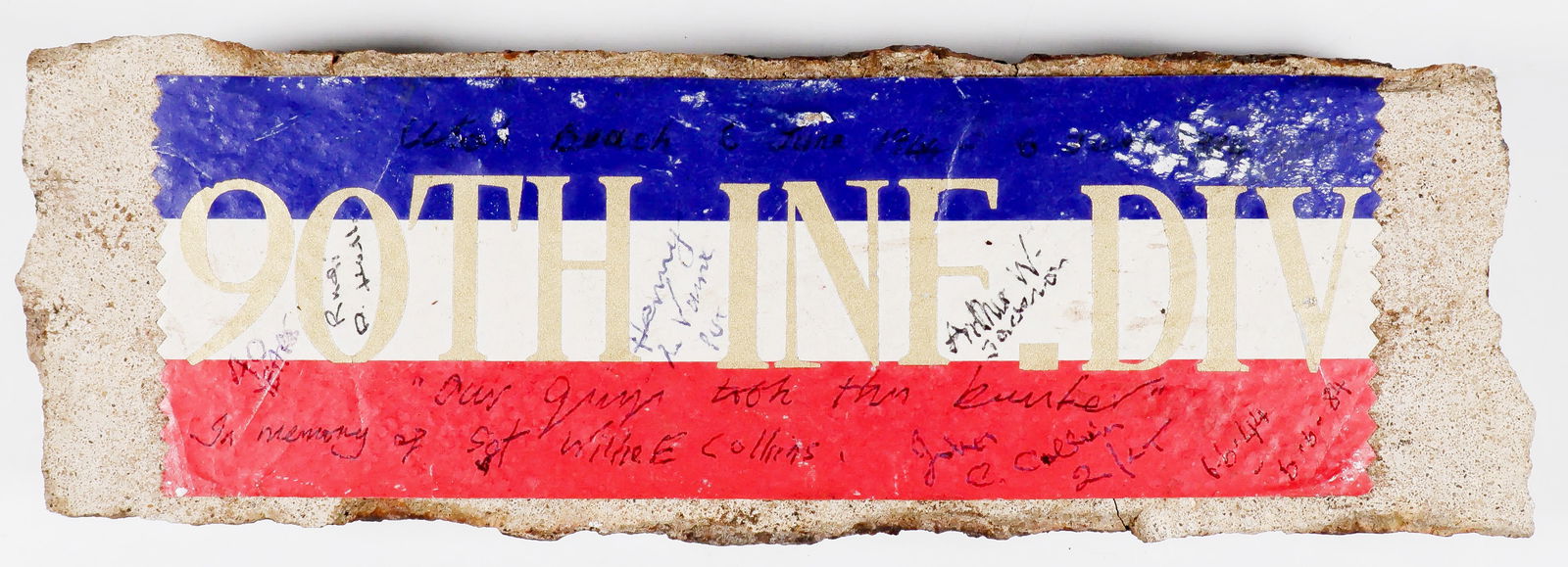 90TH INFANTRY DIVISION SECTION OF D-DAY CAPTURED GERMAN BUNKER: 'OUR GUYS TOOK THIS BUNKER' A most evocative relic from the American D-Day landings at Utah Beach, a section of a German bunker taken by members of the 90th Infantry Division, signed by them exactly