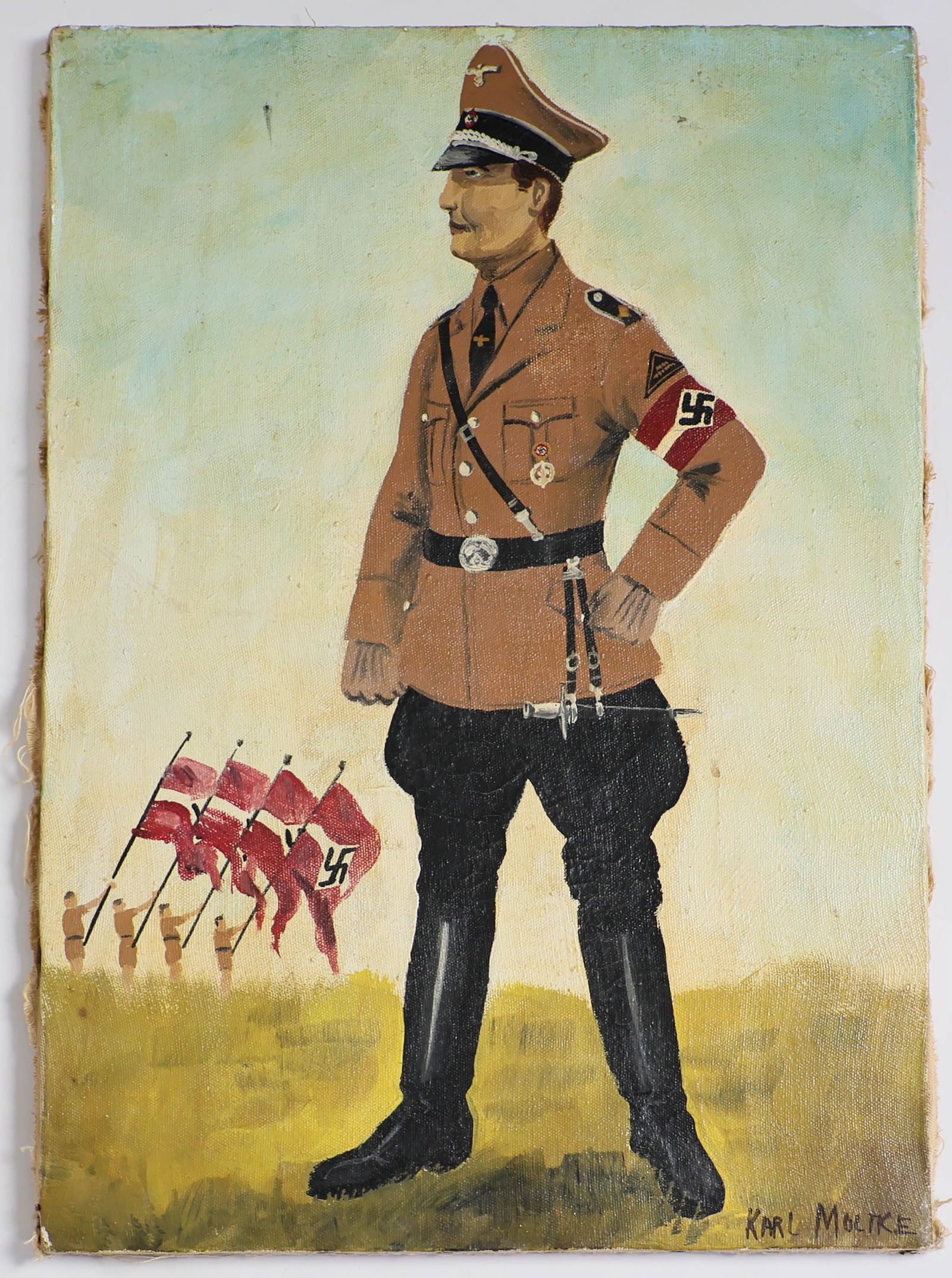 PORTRAIT OF A HITLER YOUTH LEADER: Period painting, 14 in. x 20 in., oil on linen, a hobbyist’s portrait depicting a standing HJ leader overseeing students parade and maneuvers in the background. Signed ‘Karl Moltke’