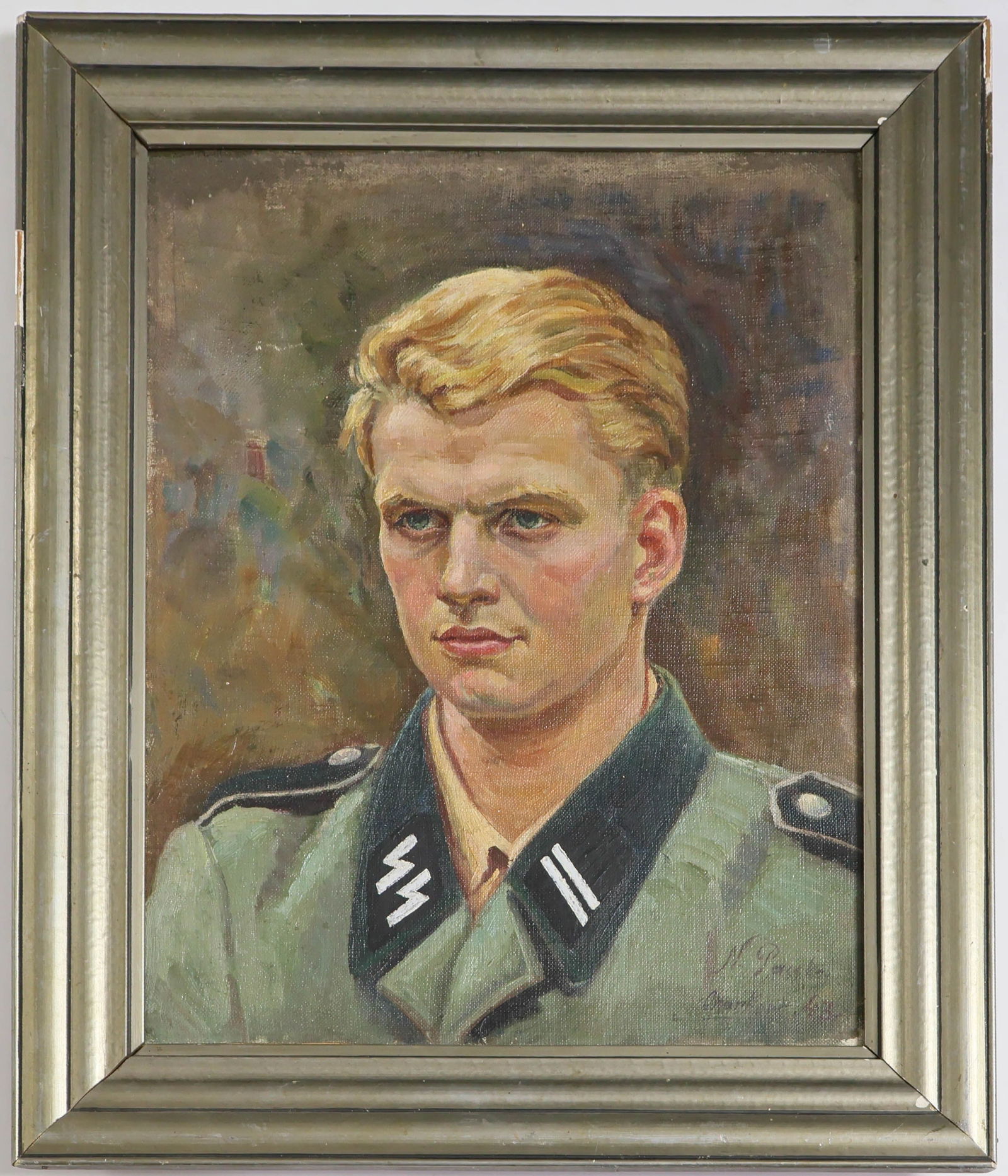 PORTRAIT OF AN SS OFFICER: Well-executed period portrait of a young SS officer wearing an M36 tunic with early accoutrements, 13 in. x 17 in. (sight), oil on board, signed by an unidentified artist at lower right: ‘N.